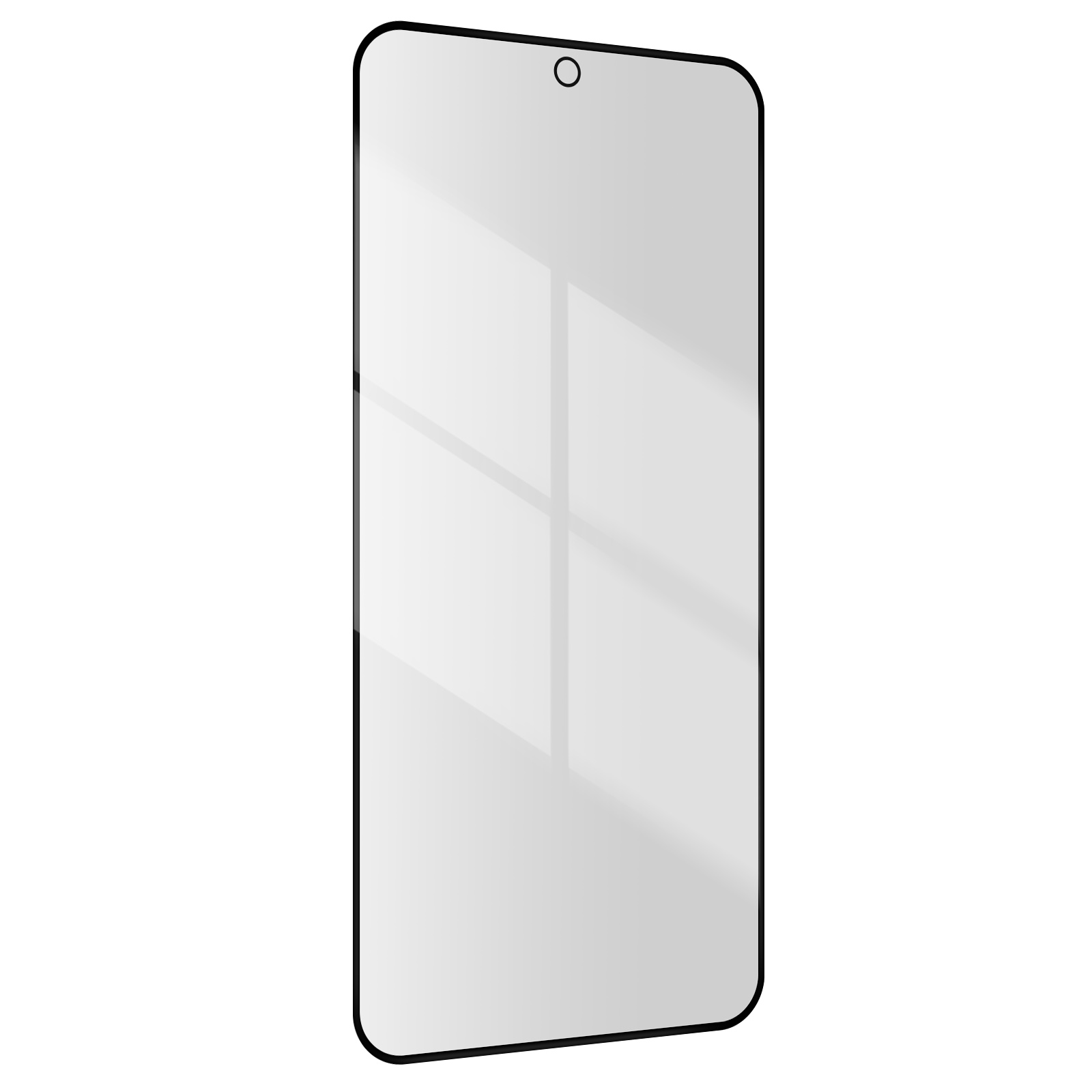 Un protecteur d'écran en verre trempé pour smartphone. Il est transparent avec un bord noir.