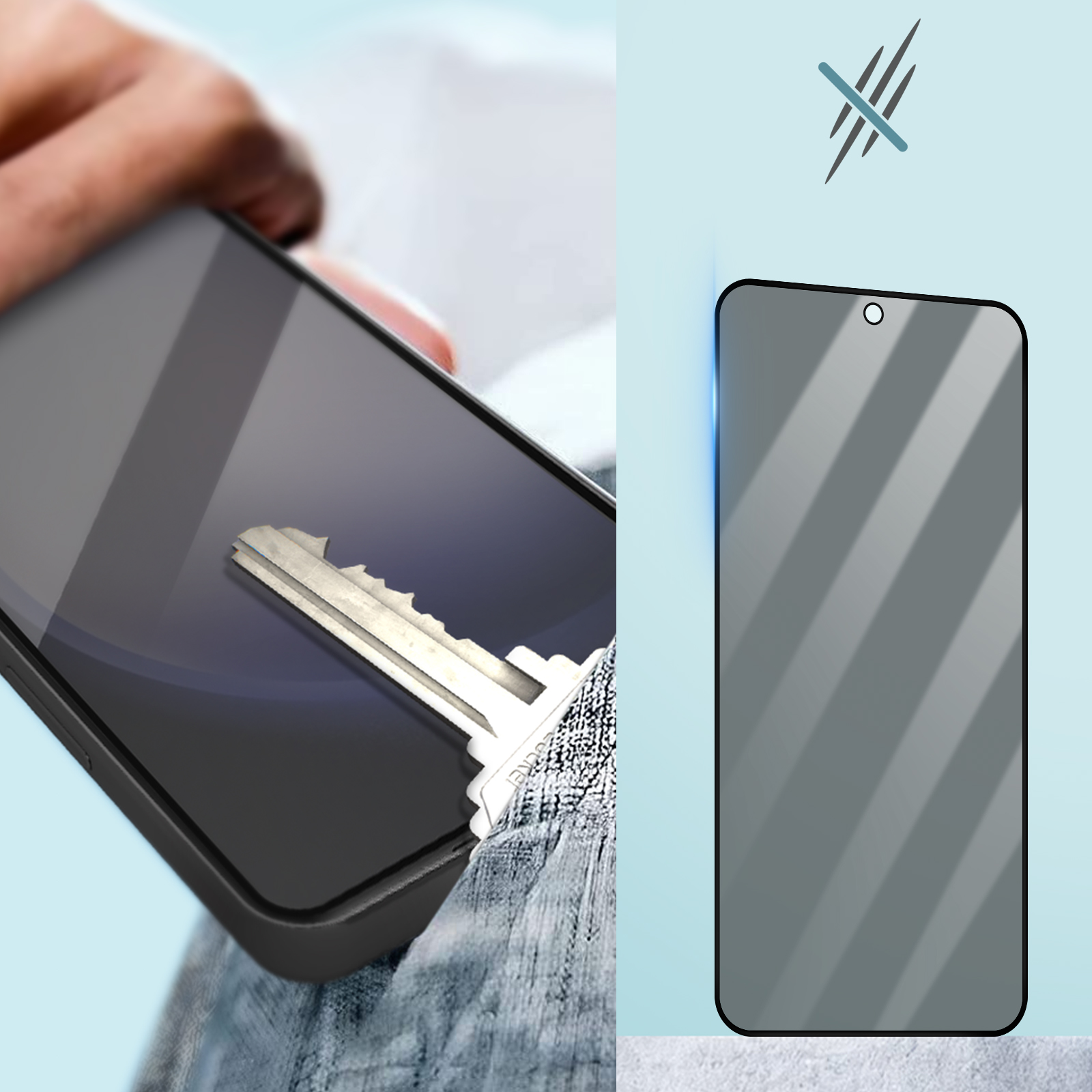 Une clé qui gratte l'écran d'un téléphone, à côté d'un protecteur d'écran résistant aux rayures.