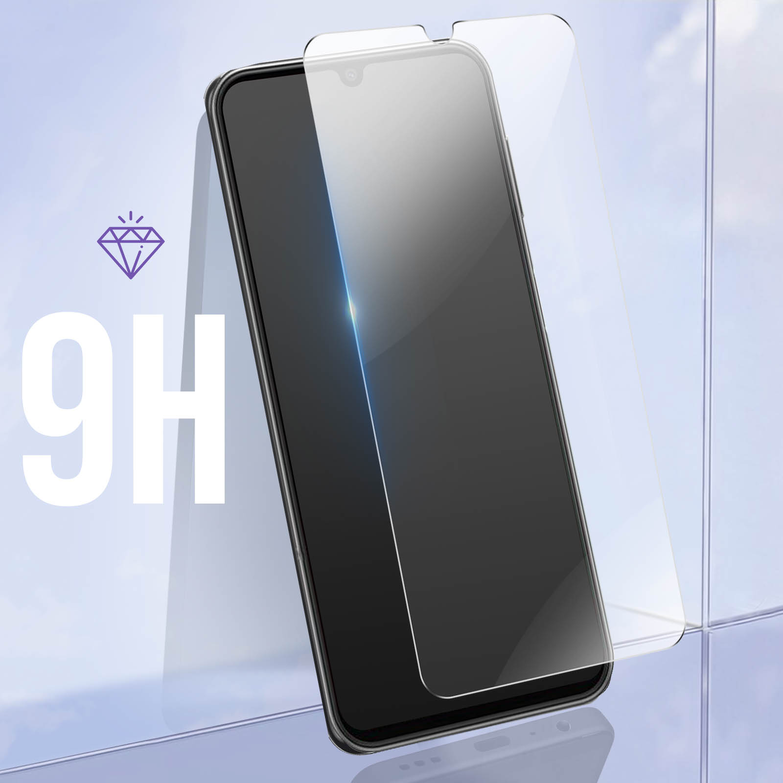 Un téléphone avec un protecteur d'écran, une icône de diamant et du texte 9H, affiché sur fond bleu.
