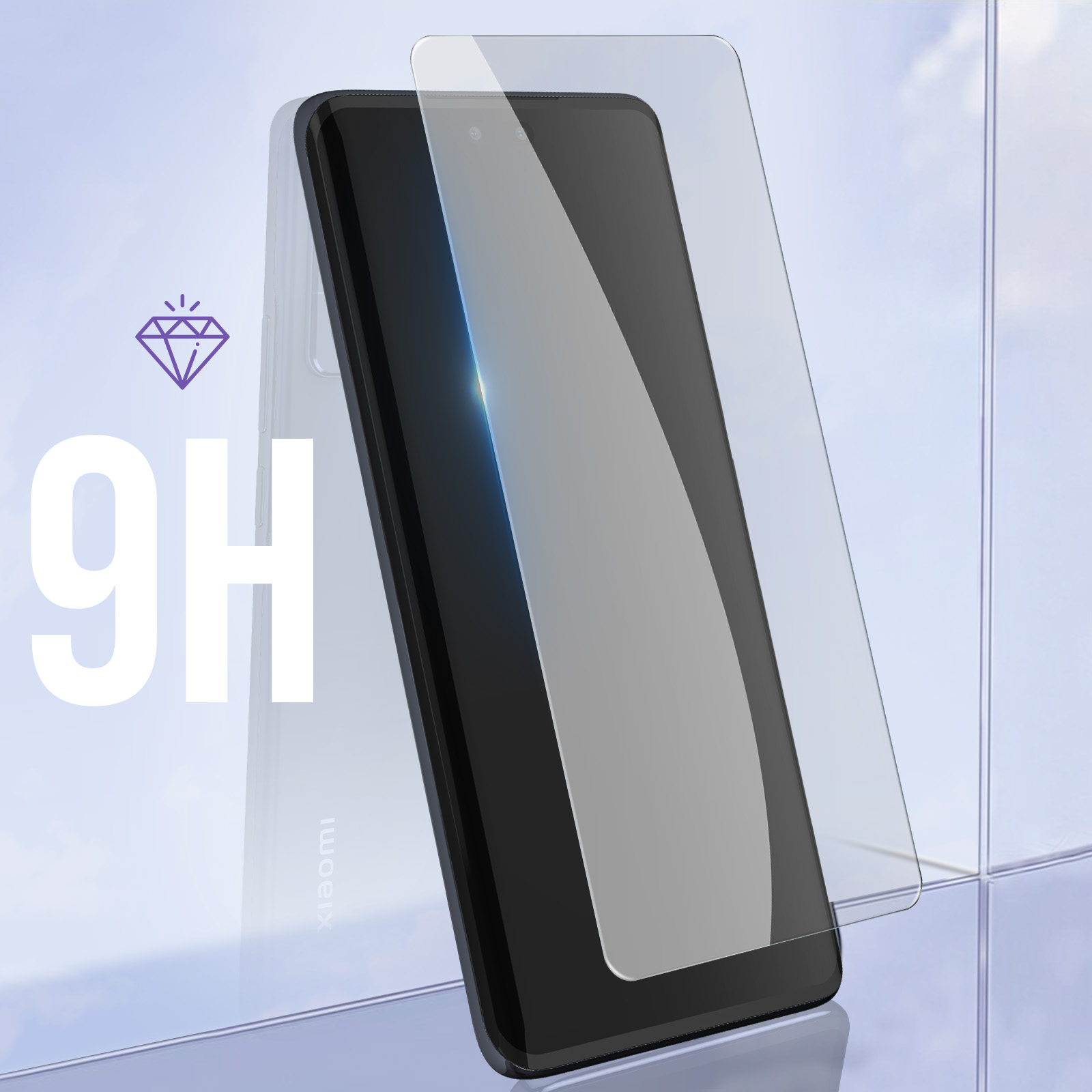 Un telefono con un proteggi schermo applicato, con il numero 9H e un'icona a diamante.