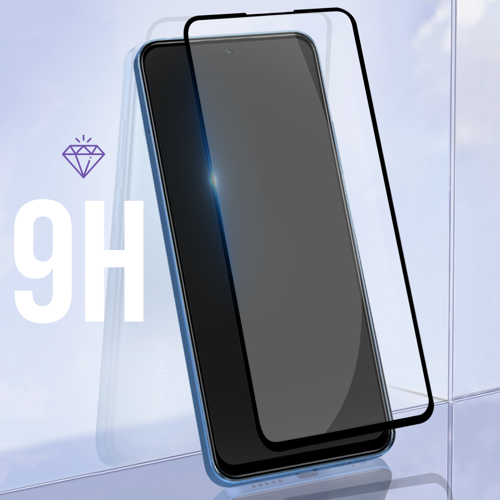 Téléphone avec protecteur d'écran, texte 9H et icône de diamant. Téléphone et fond bleus.