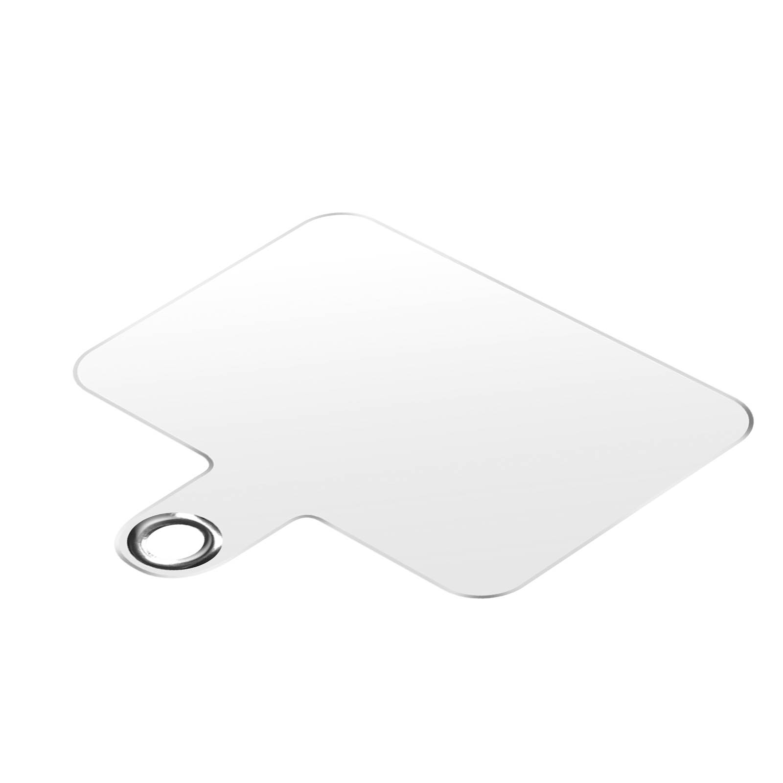 Un accessorio per telefono trasparente, di forma quadrata, con un foro.