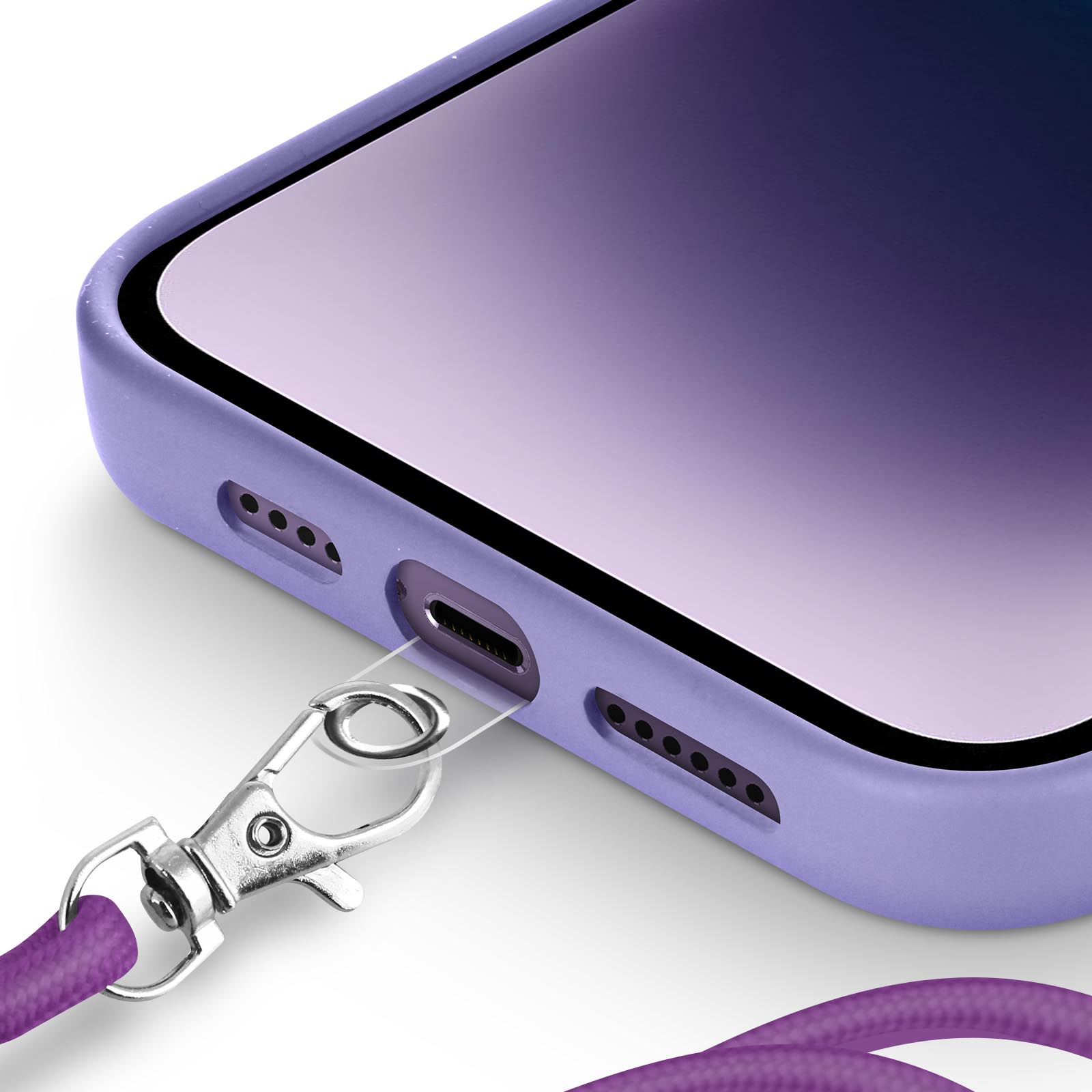 Primo piano di una custodia per telefono viola con un cordino d'argento collegato. Il telefono è visibile.