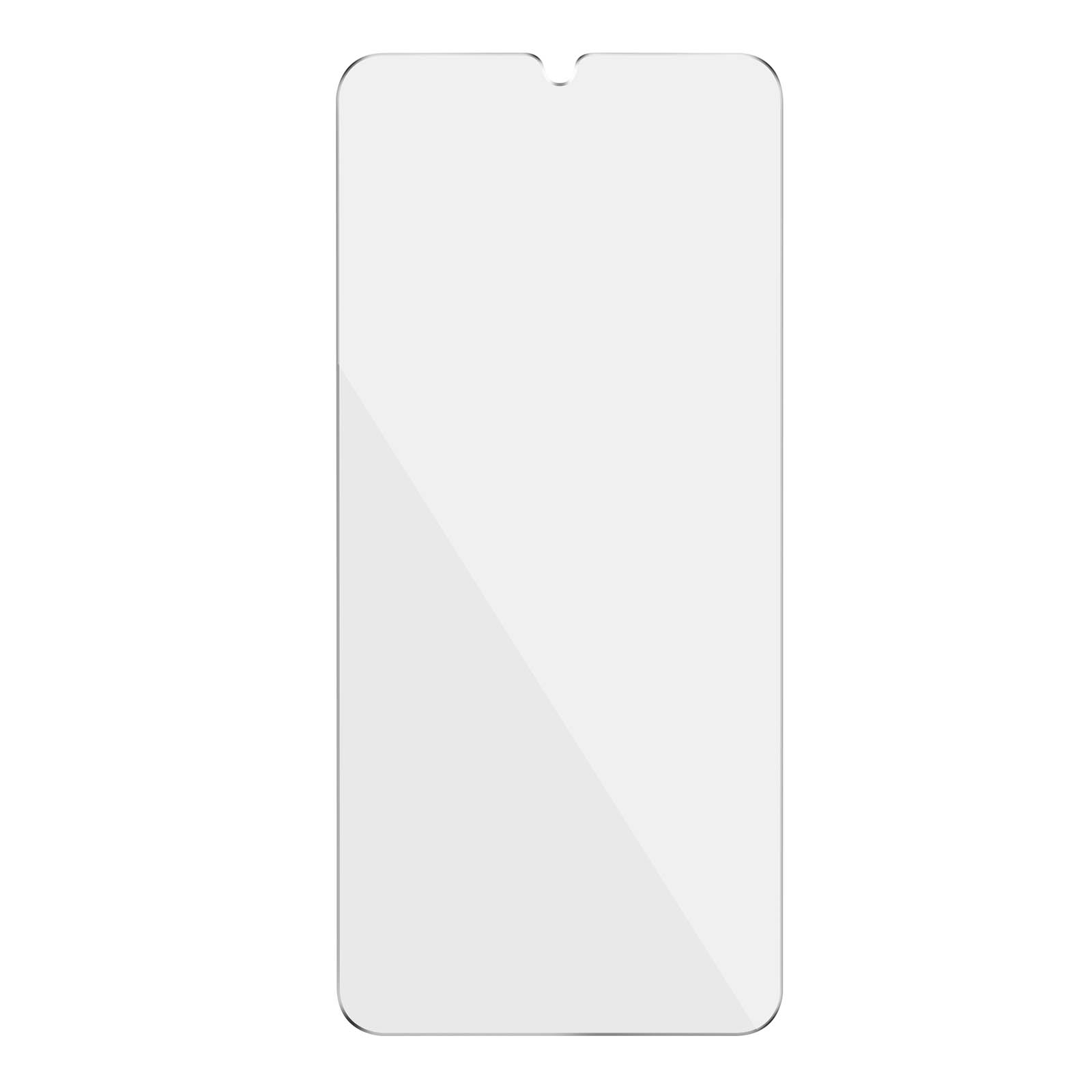 Una protezione schermo trasparente per telefono, rettangolare con intaglio in alto.