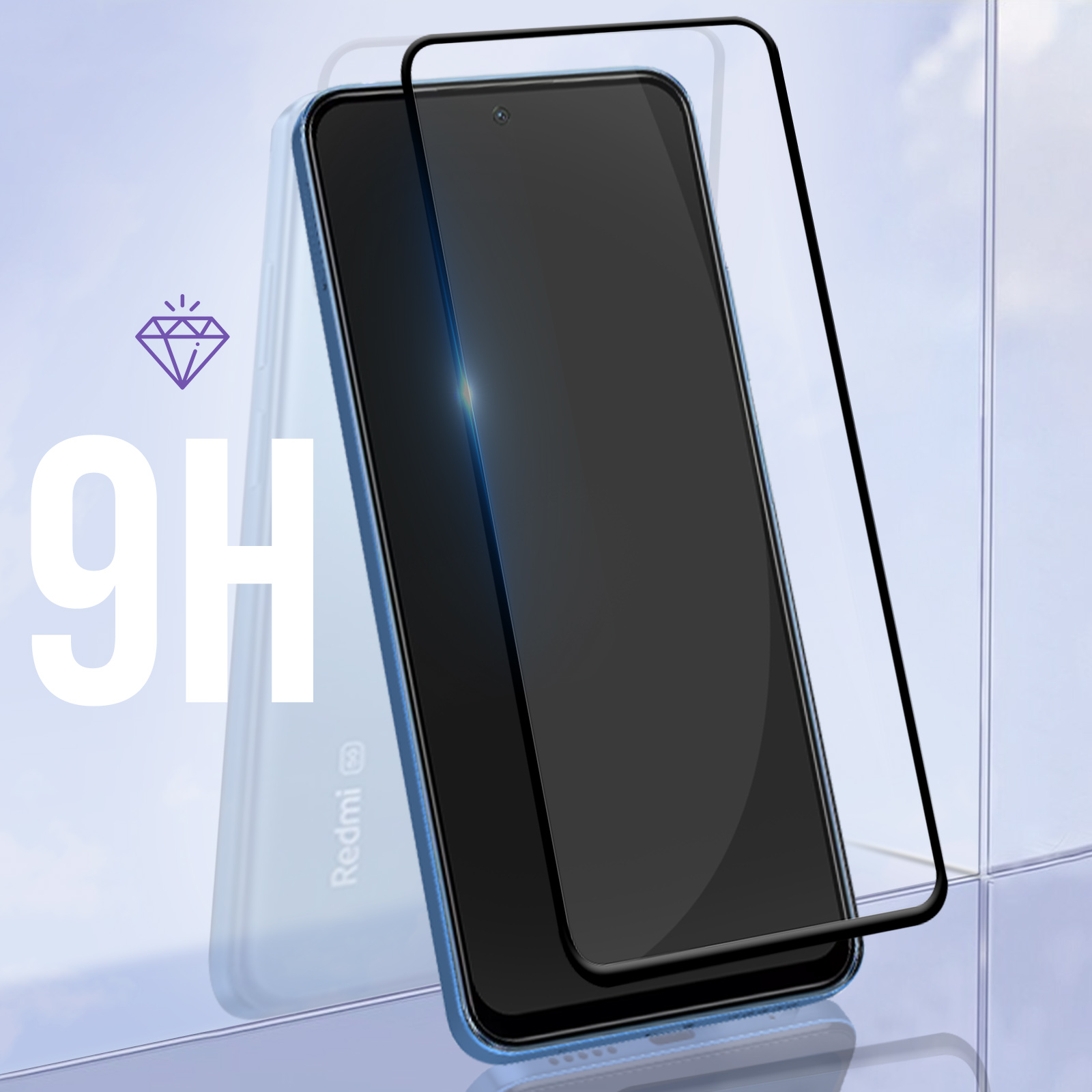 Téléphone avec protecteur d'écran, logo diamant 9H, sur fond bleu clair.