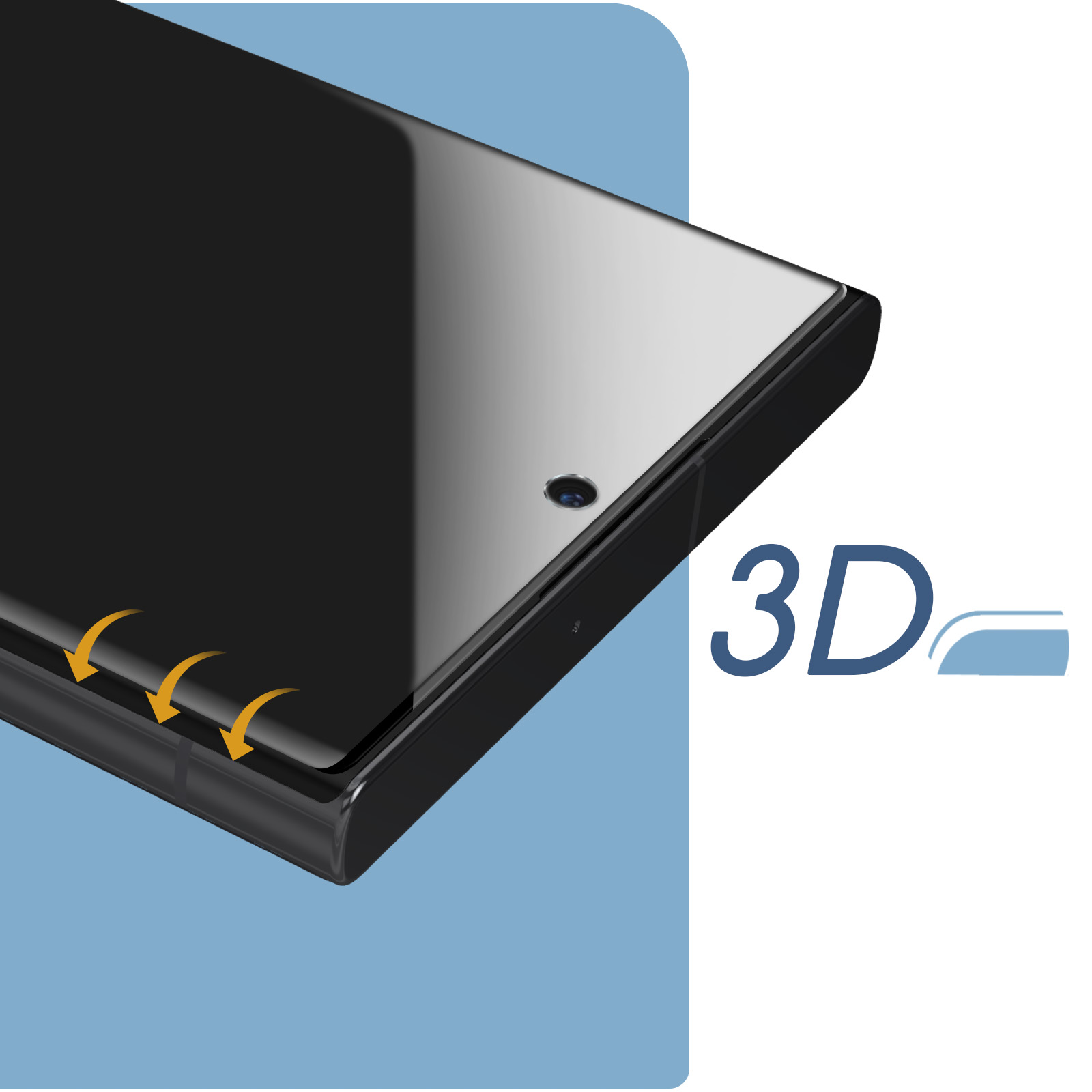 Smartphone nero con schermo curvo, fotocamera ed etichetta 3D su sfondo blu.