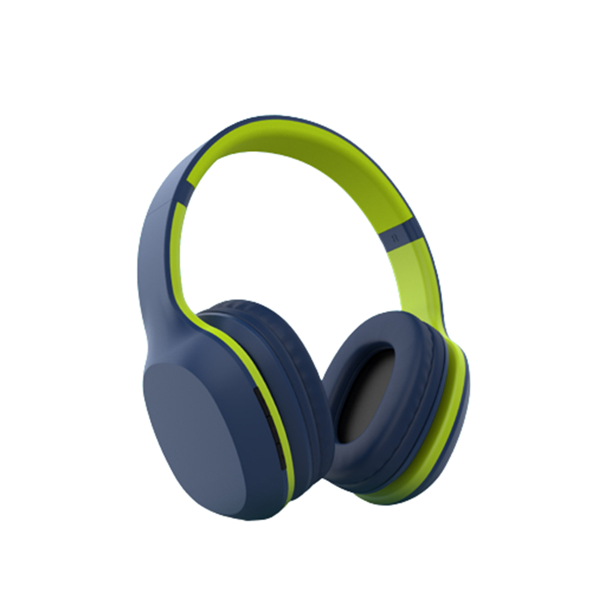 Blaue und grüne Kopfhörer. Die Ohrmuscheln und das Kopfband sind blau, mit grünen Akzenten auf dem Kopfband.