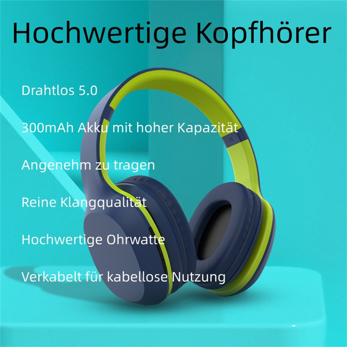 Blaue und grüne Kopfhörer mit beschreibendem Text zu Funktionen, einschließlich drahtlos und Klangqualität.