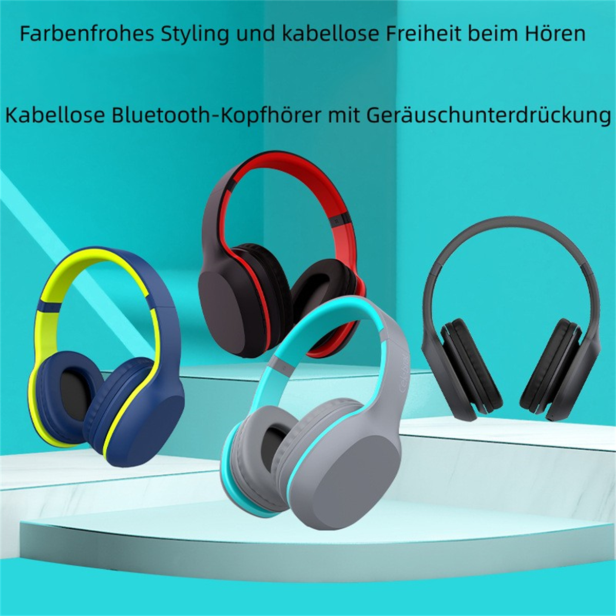 Kopfhörer in verschiedenen Farben. Blau, rot und grau. Text über Geräuschunterdrückung.