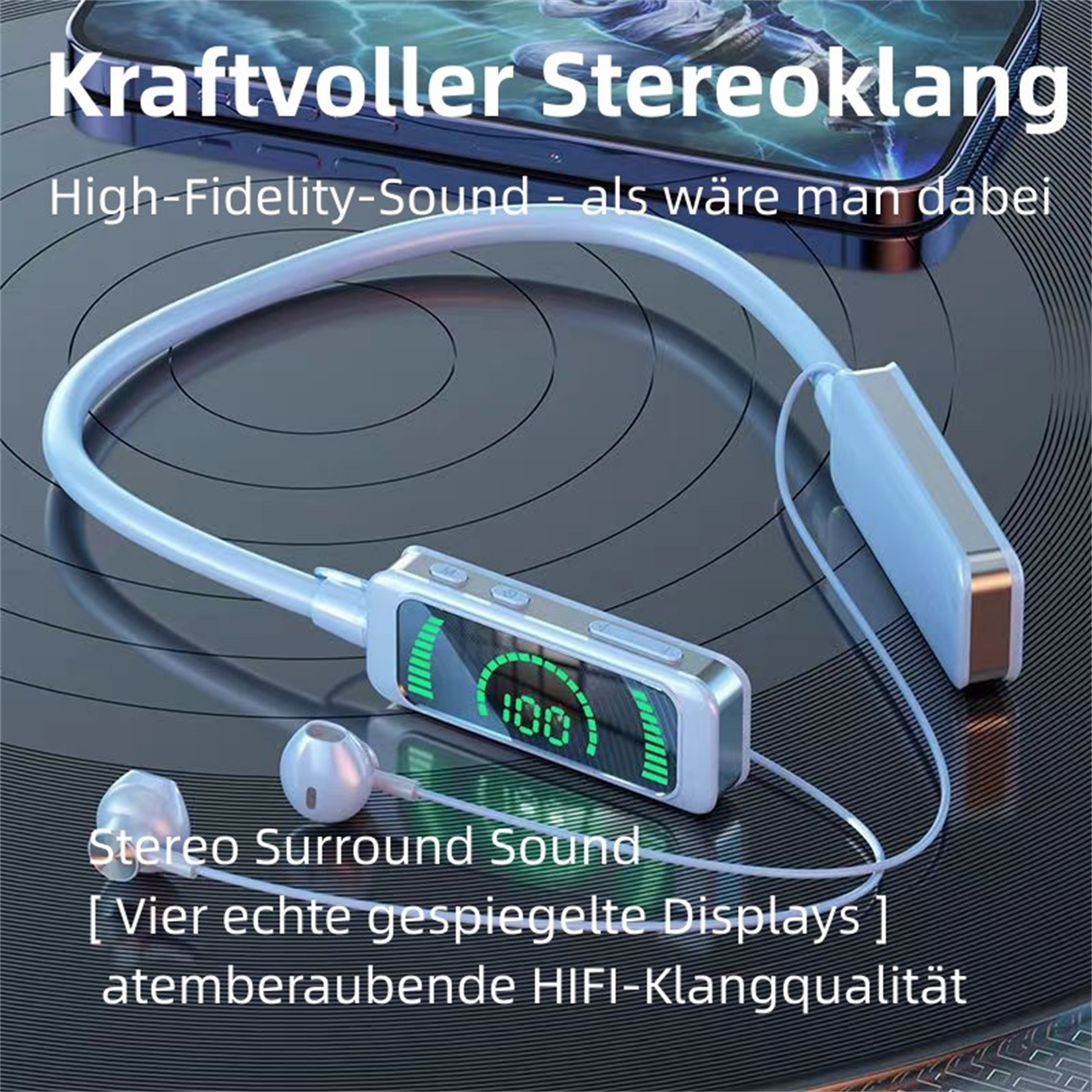 Weiße und silberne In-Ear-Kopfhörer mit Steuerbox und dem Text "Kraftvoller Stereoklang". Der Hintergrund ist schwarz.