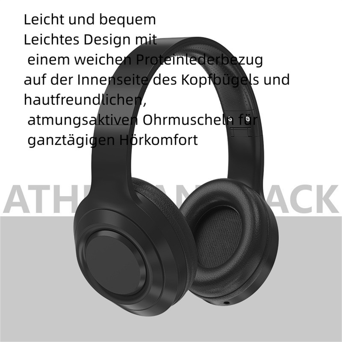 Schwarze Kopfhörer mit großen Ohrmuscheln und Text auf weißem Hintergrund, der Komfort bewirbt.