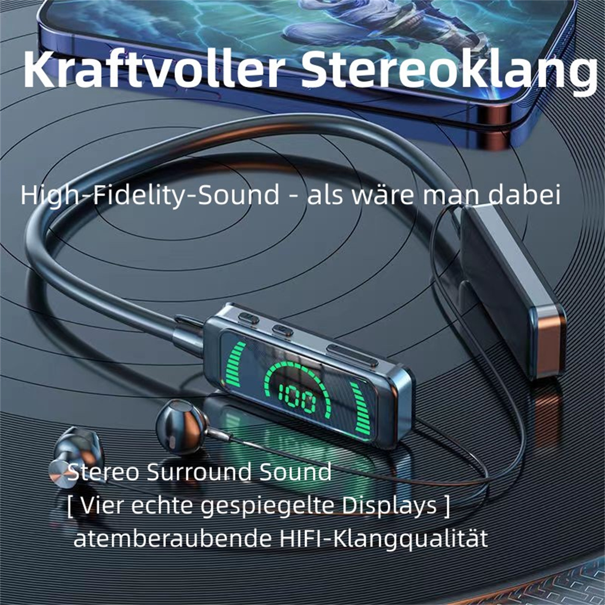 Ein Nackenband mit Display, Ohrhörern und Text über Klangqualität und Stereoklang.