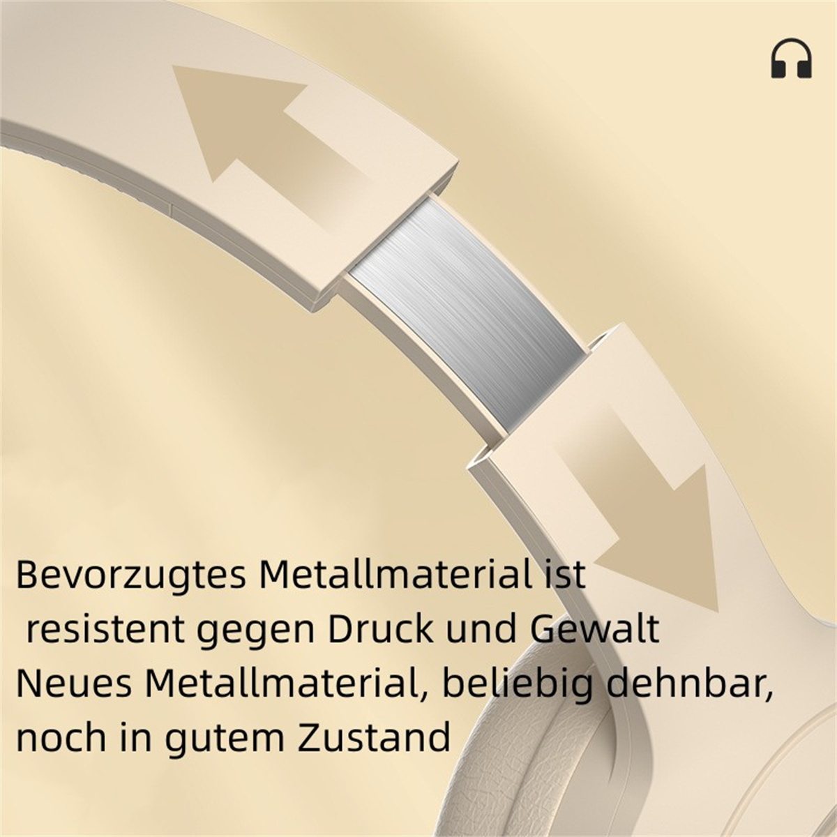 Nahaufnahme von Kopfhörern, die das Gelenk zeigen, mit Text über Metallmaterial und seine Eigenschaften.