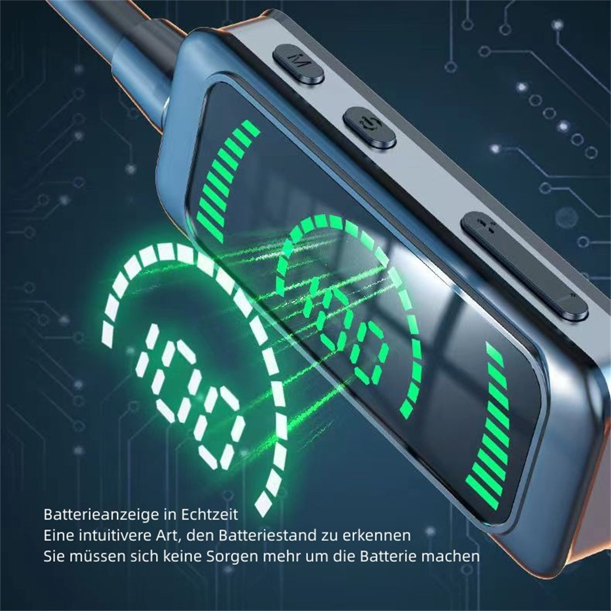 Ohrhörer mit Anzeige der Akkulaufzeit. Text auf Deutsch. Die Ohrhörer sind dunkelblau.