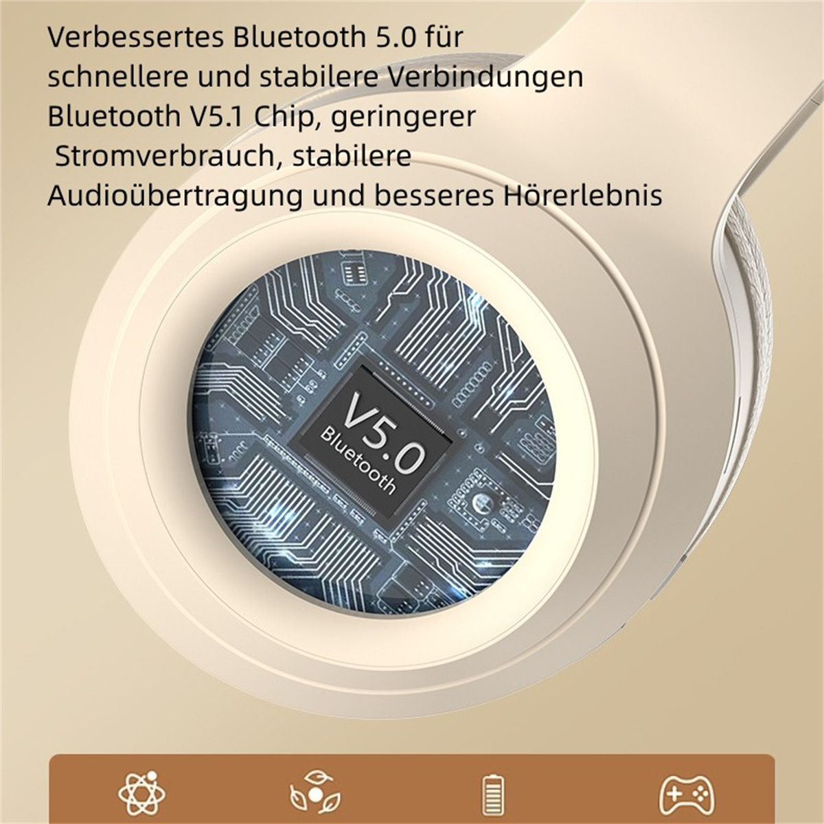Nahaufnahme eines kabellosen Ohrhörers. Der Bluetooth V5.0-Chip ist sichtbar, mit Text, der seine Funktionen beschreibt.