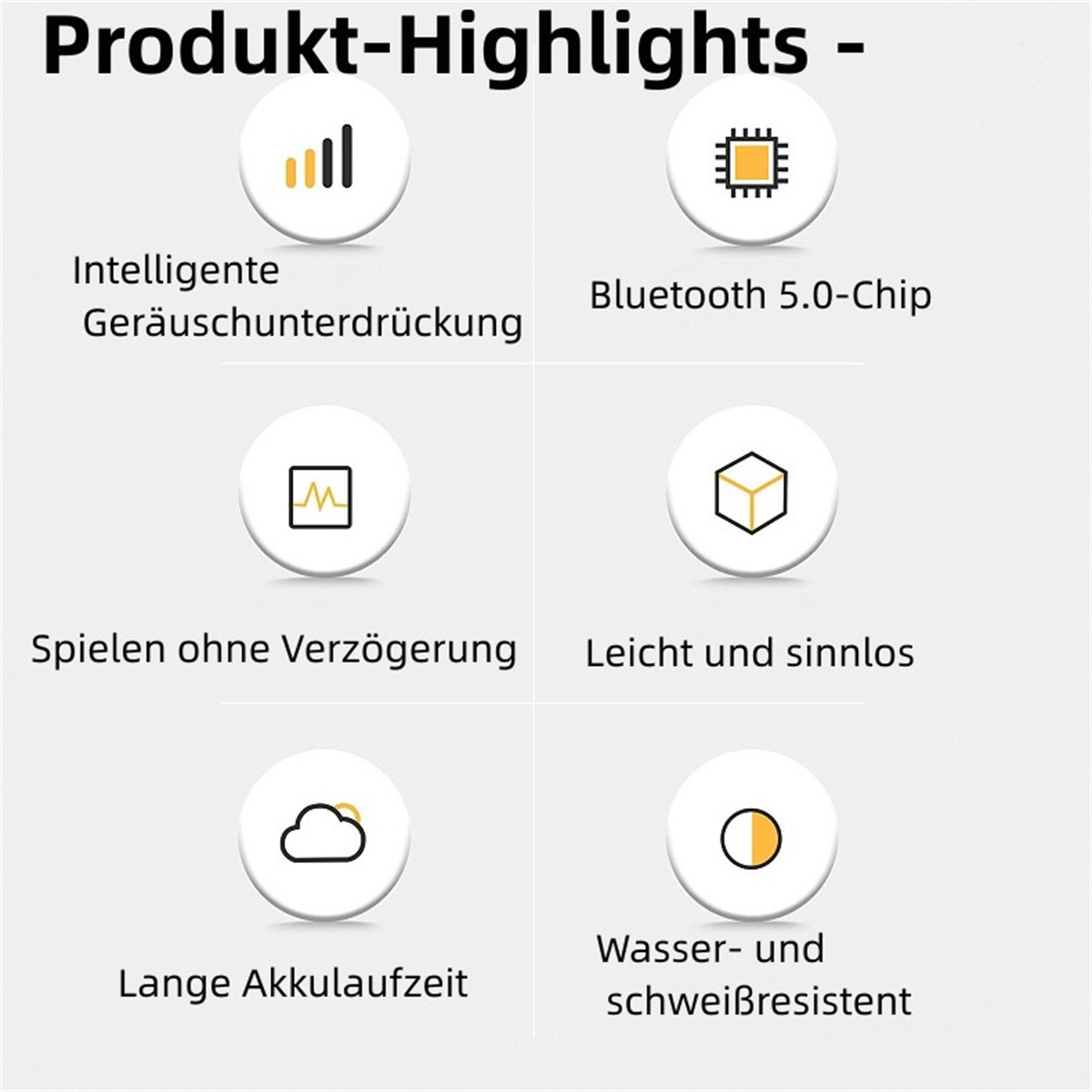 Grafiken mit Produkt-Highlights, Icons und kurzen Textbeschreibungen.