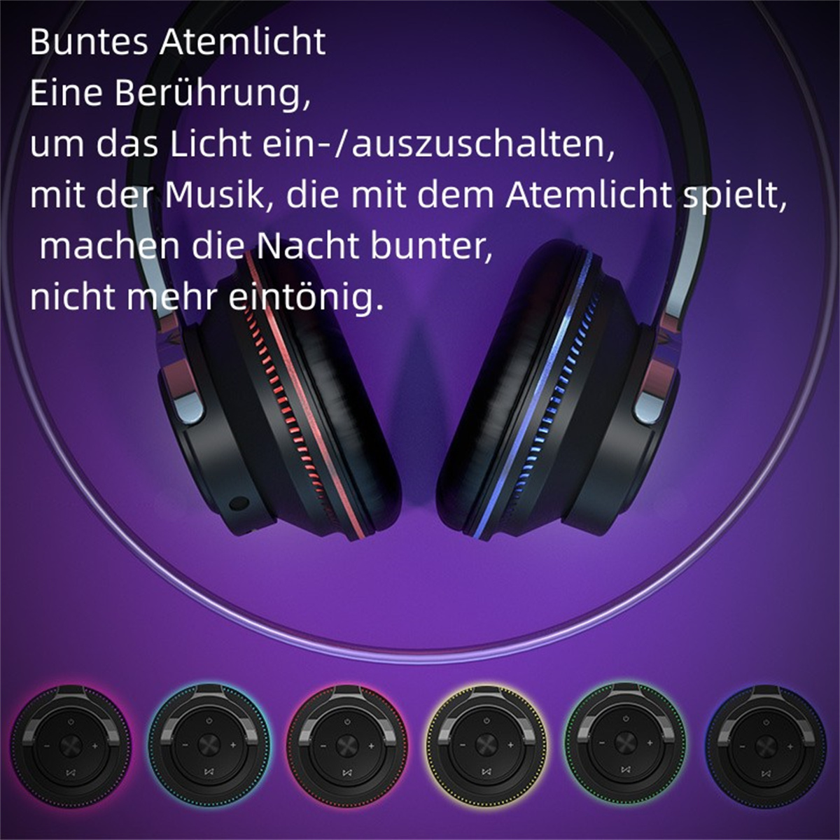Draufsicht auf Kopfhörer mit bunten Lichtern, Text-Overlay auf Deutsch und Steuertasten.