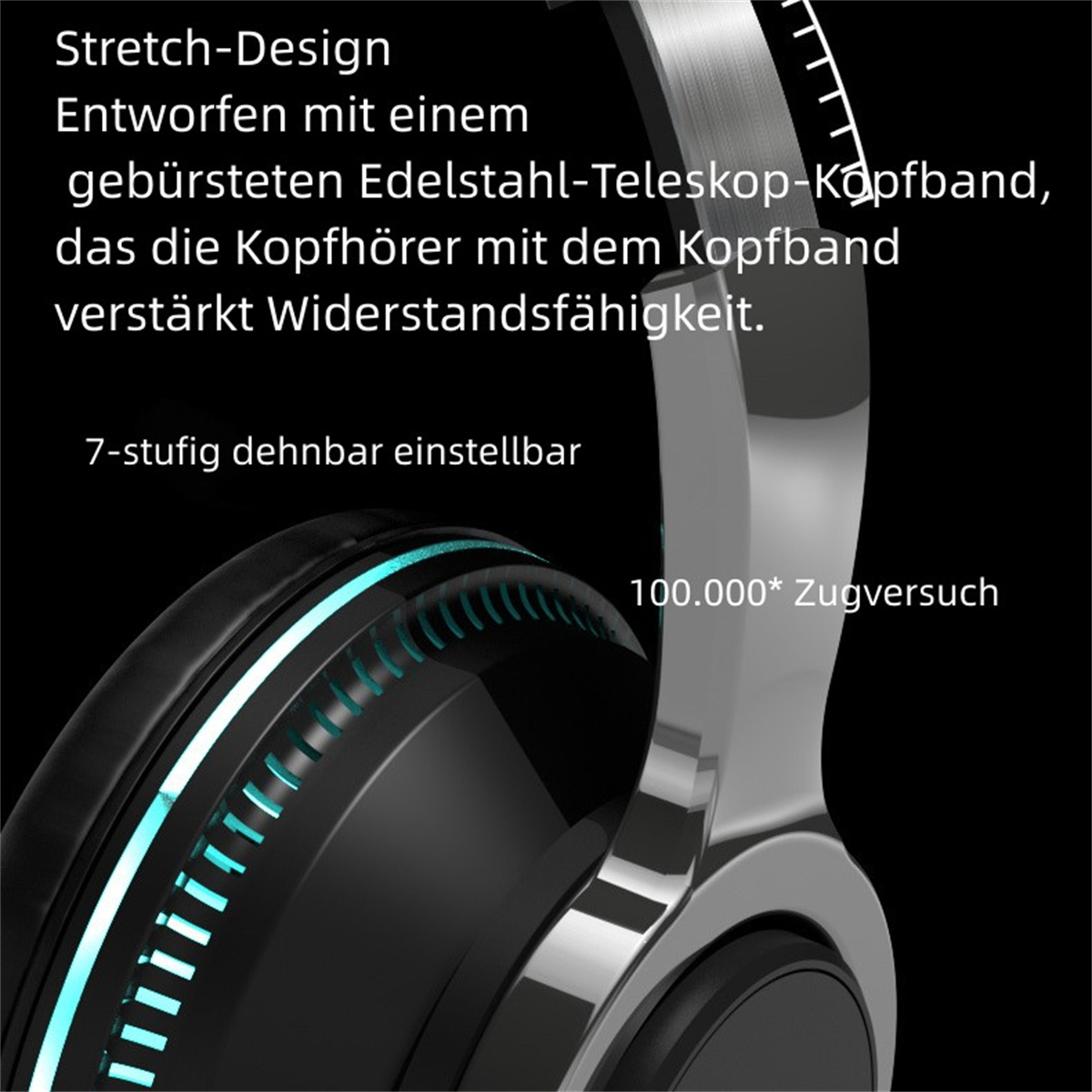 Nahaufnahme von schwarzen und silbernen Kopfhörern. Text beschreibt Stretch-Design und 7-stufige Einstellung.