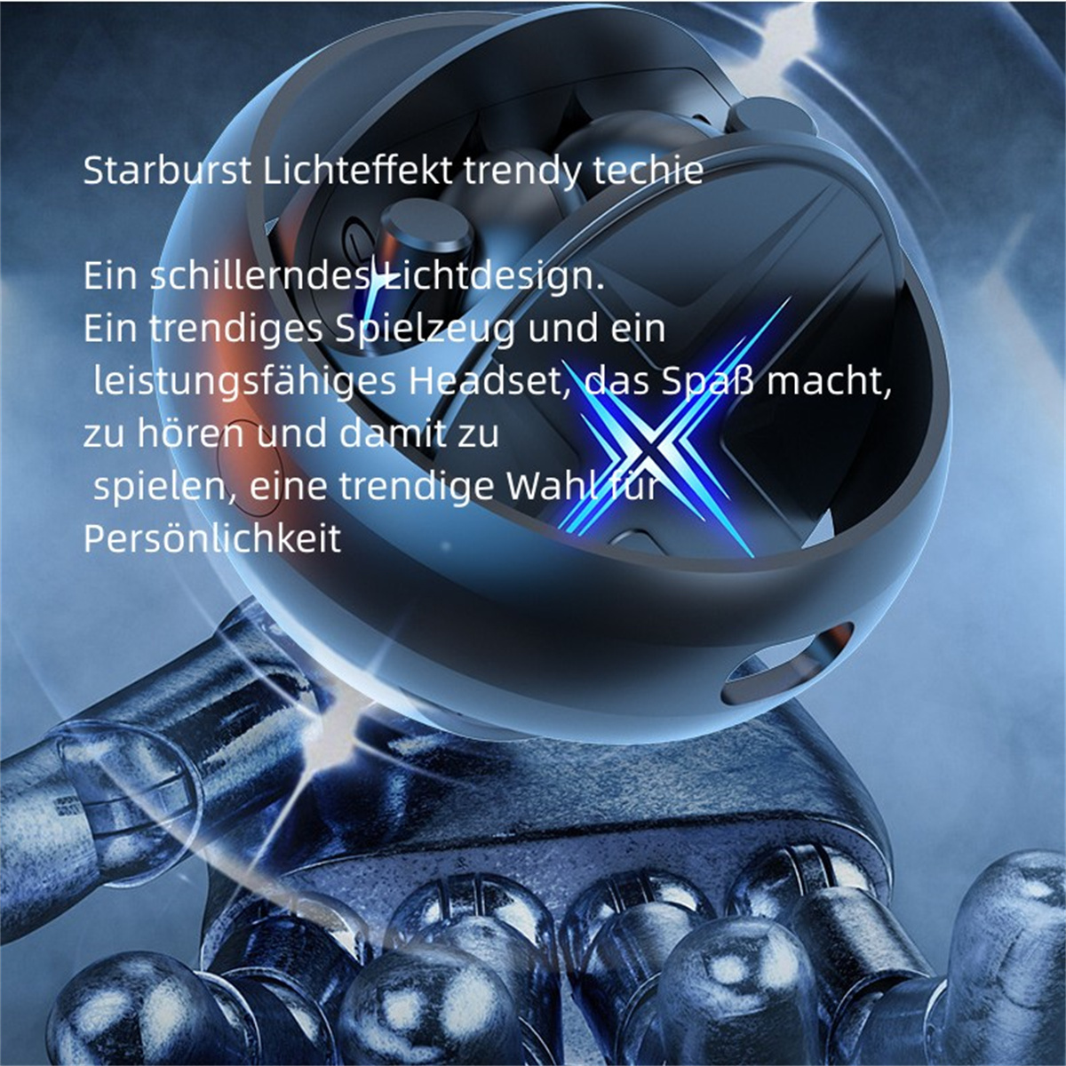 Ein schwarz-blaues Roboter-Headset mit neonblauen Lichtern.