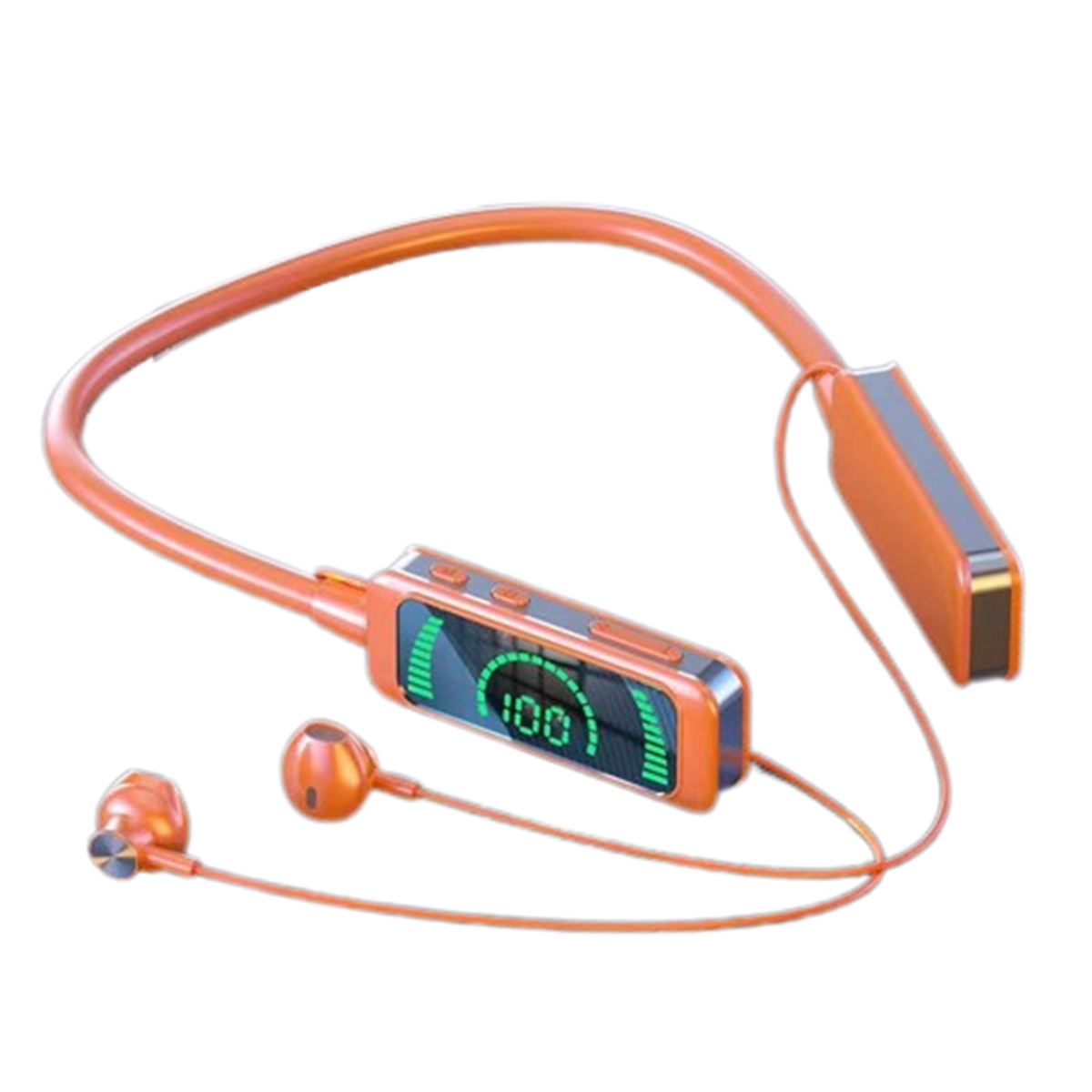 Orange Nackenbügel-Kopfhörer mit Ohrhörern und Bedienfeld. Batterieanzeige ist sichtbar.
