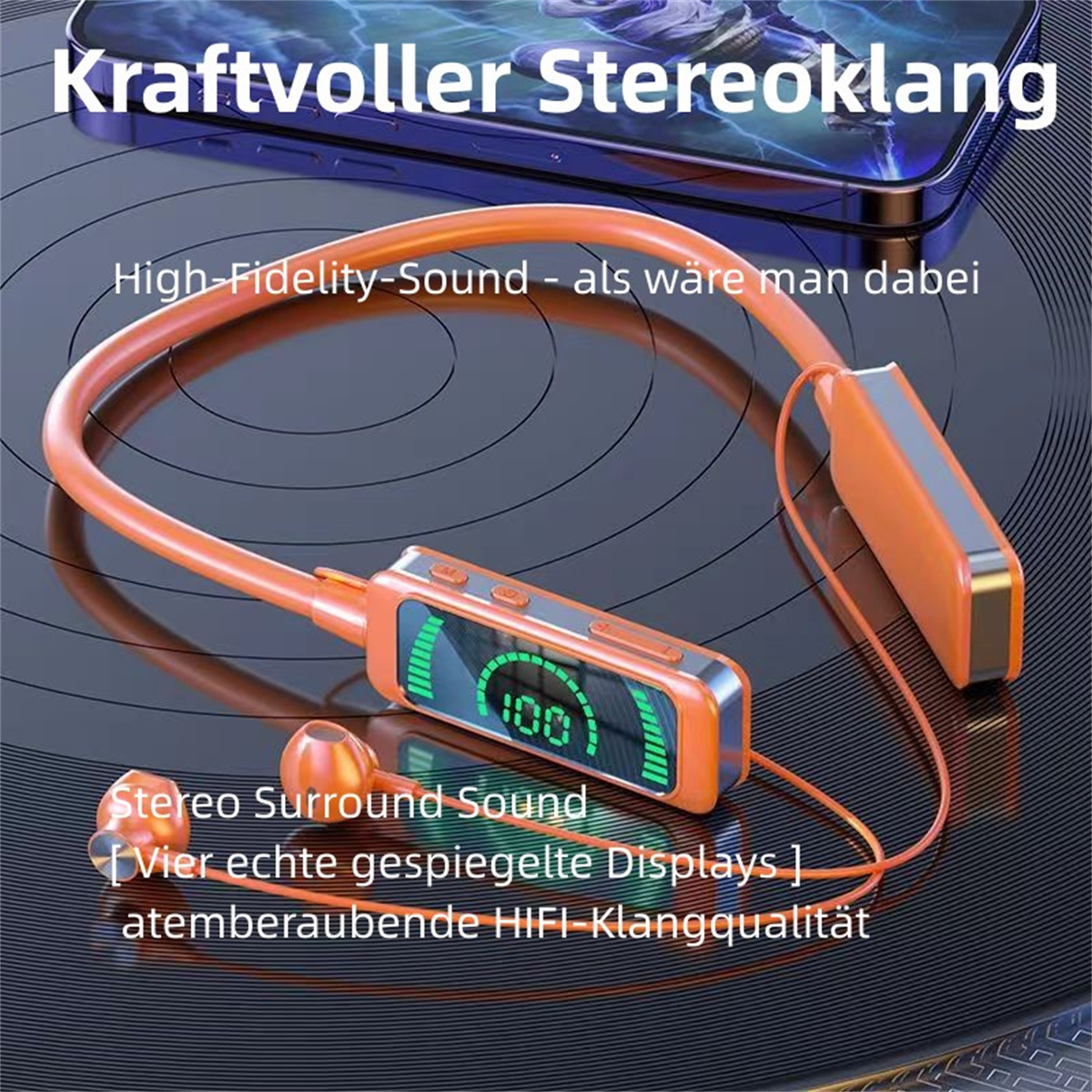 Orange Nackenbügel-Kopfhörer mit Display, das 100 zeigt, und Text auf Deutsch, auf dunkler Oberfläche.