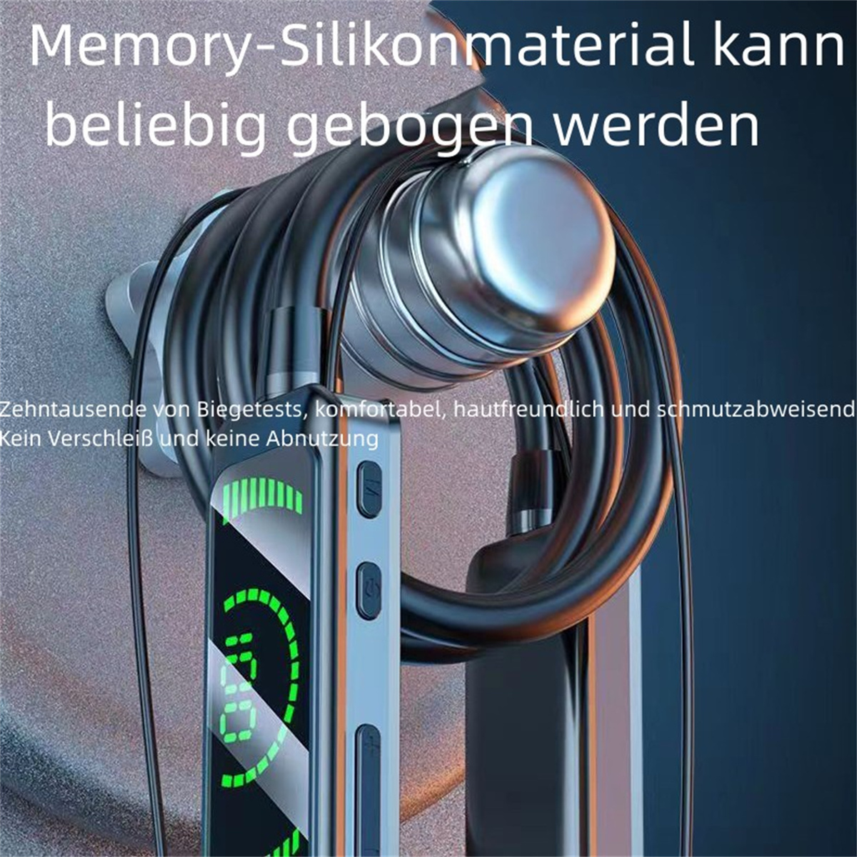 Kopfhörer, die um ein graues Gerät gewickelt sind. Das Gerät hat einen Bildschirm mit einem grünen Batteriesymbol.