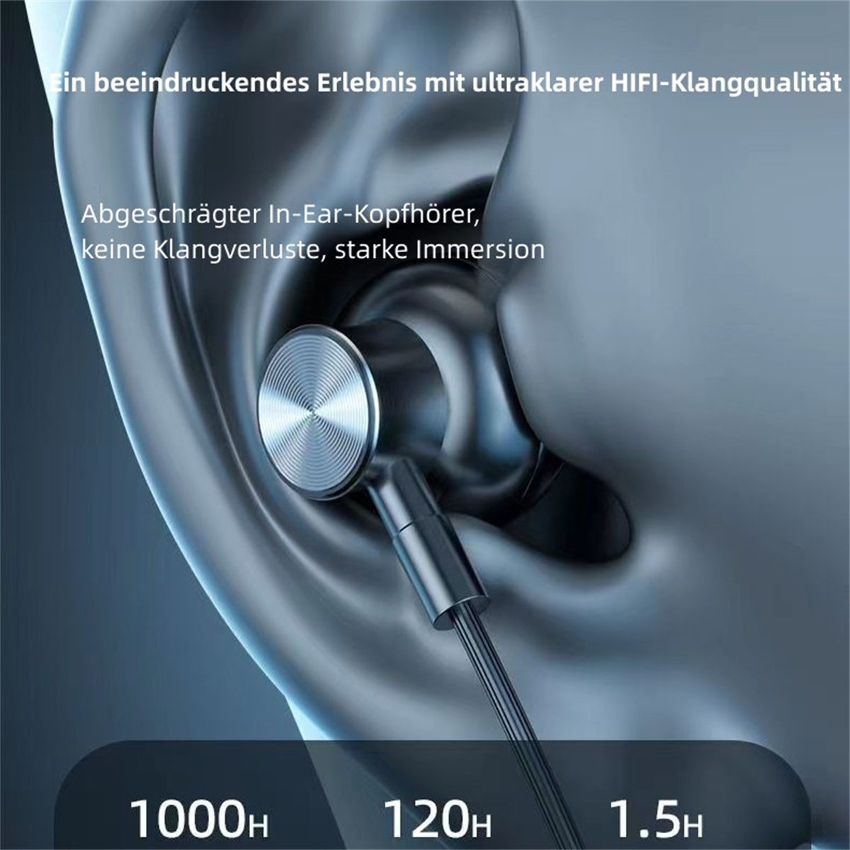 Nahaufnahme von Kopfhörern. Metall-Ohrhörer mit silbernem Finish, verbunden mit einem schwarzen Kabel. Der Hintergrund ist unscharf.