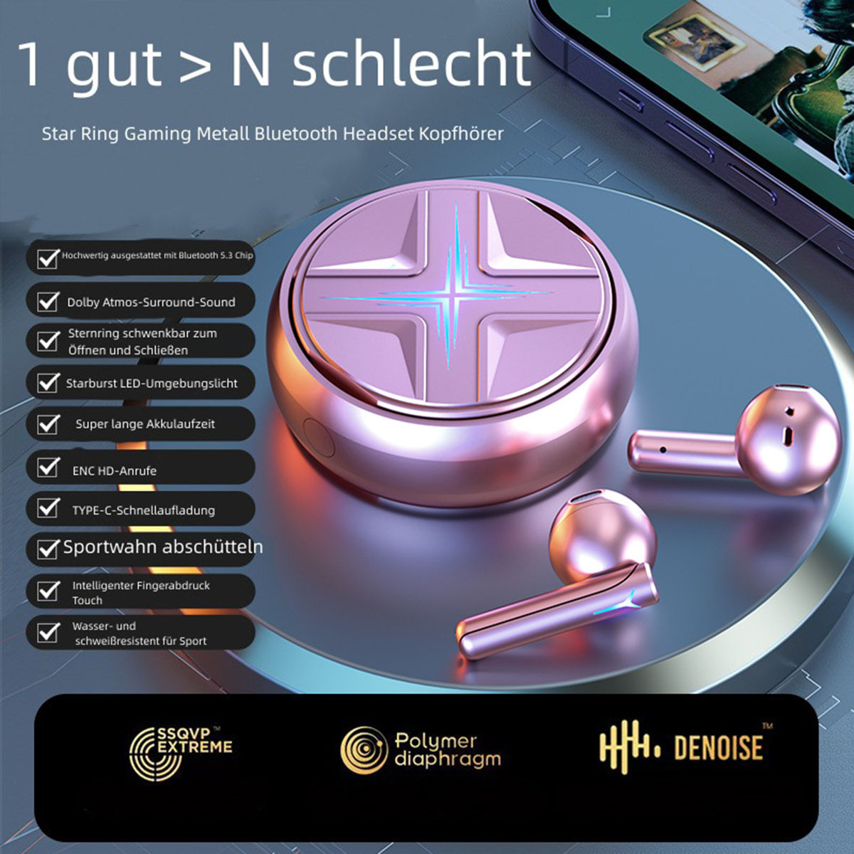 Roségold-Bluetooth-Headset mit Ladecase und Häkchen-Symbolen.