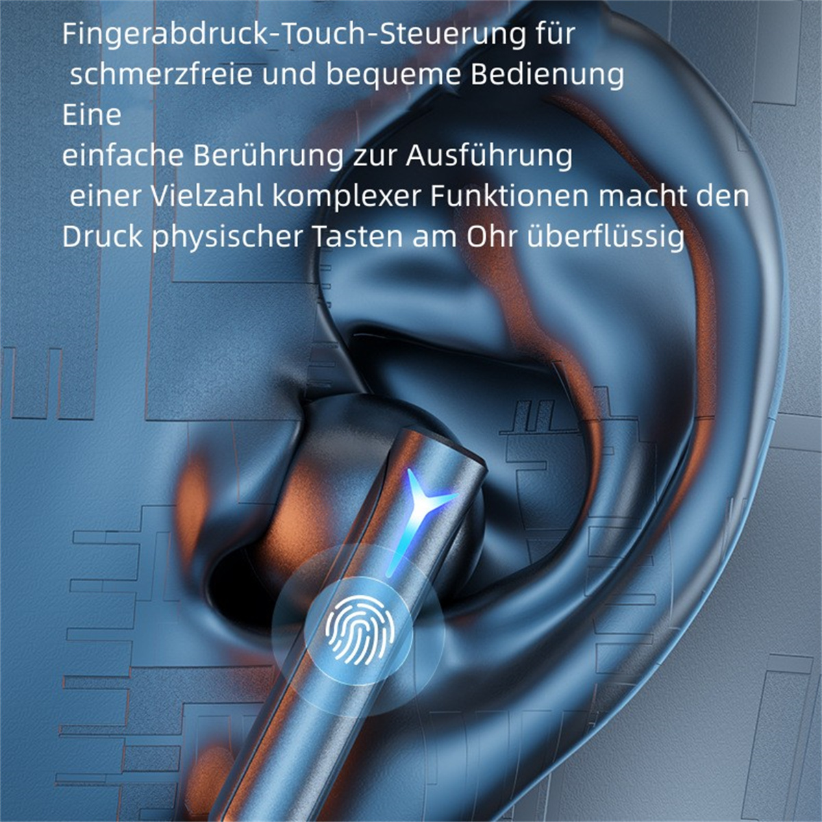 Nahaufnahme eines Ohrs mit einem kabellosen Ohrhörer. Der Ohrhörer hat einen Fingerabdrucksensor und blaues Licht.