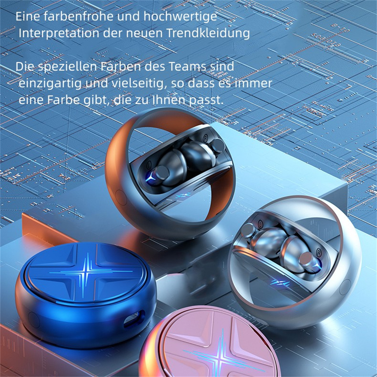 Ohrhörer und Ladecase, in Silber, Blau und Rosa, auf einer metallischen Oberfläche.