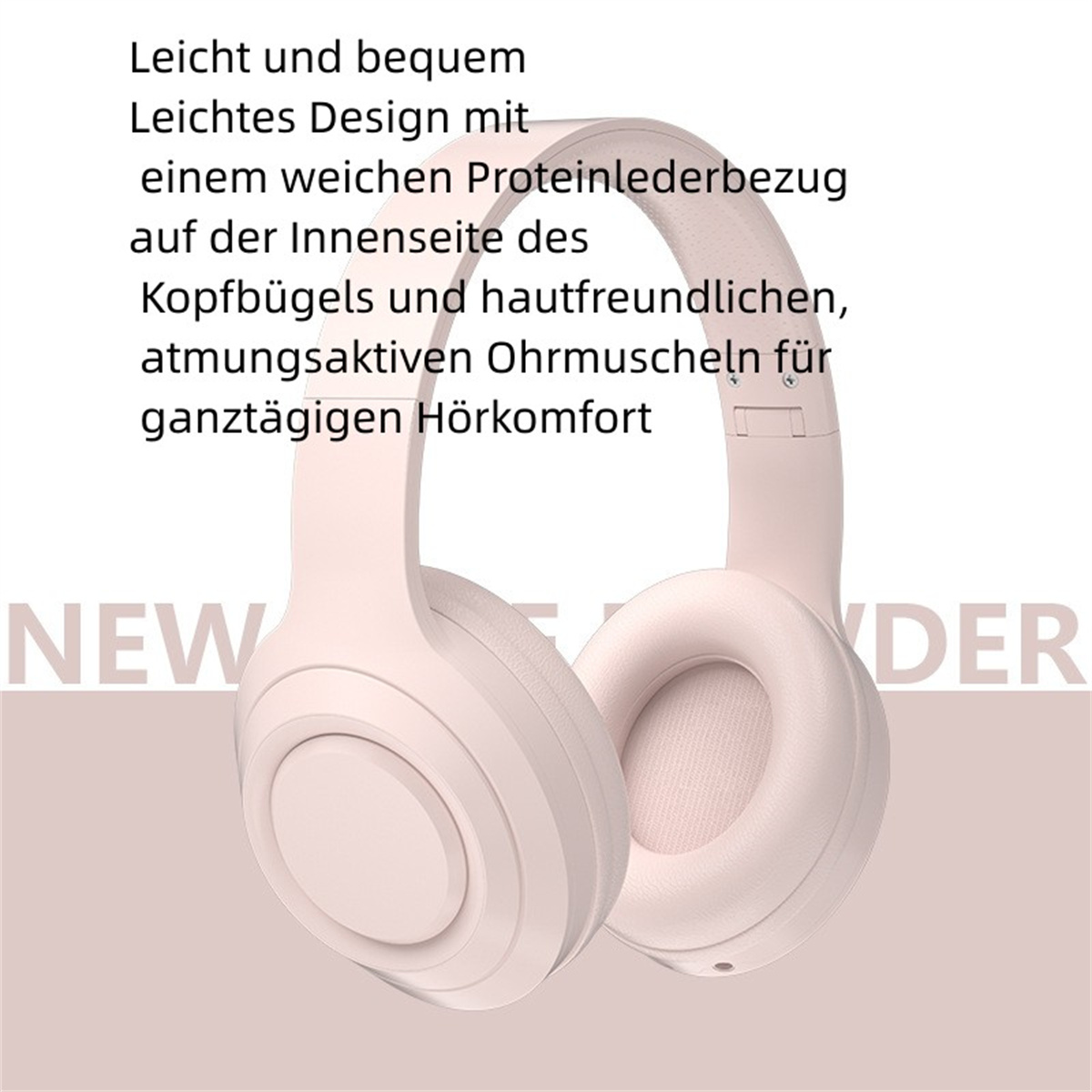 Rosafarbene Kopfhörer auf weißem Hintergrund. Text beschreibt weiches Proteinleder und Ohrmuscheln.