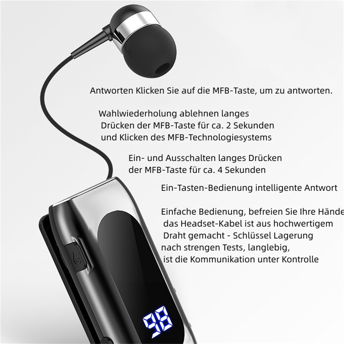 Ein schwarzer und silberner Kopfhörer mit Bedieneinheit und Text auf Deutsch.