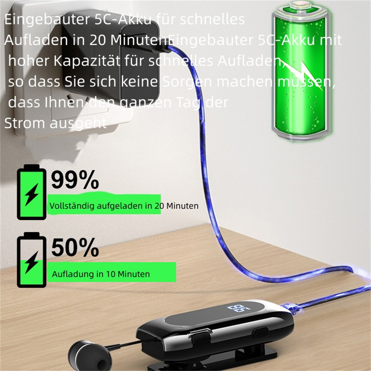 Diagramm zeigt das Aufladen eines Geräts. Angaben zu 99% und 50% Ladung in verschiedenen Zeiten.
