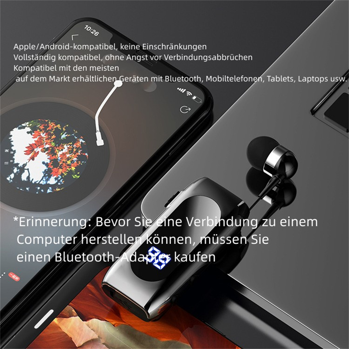 In-ear Bluetooth-Headset Anzeige Bluetooth In-Ear-Headset, Silber digitaler Bluetooth SYNTEK Clip-on drahtlose mit Kragen Kopfhörer wasserdicht Business