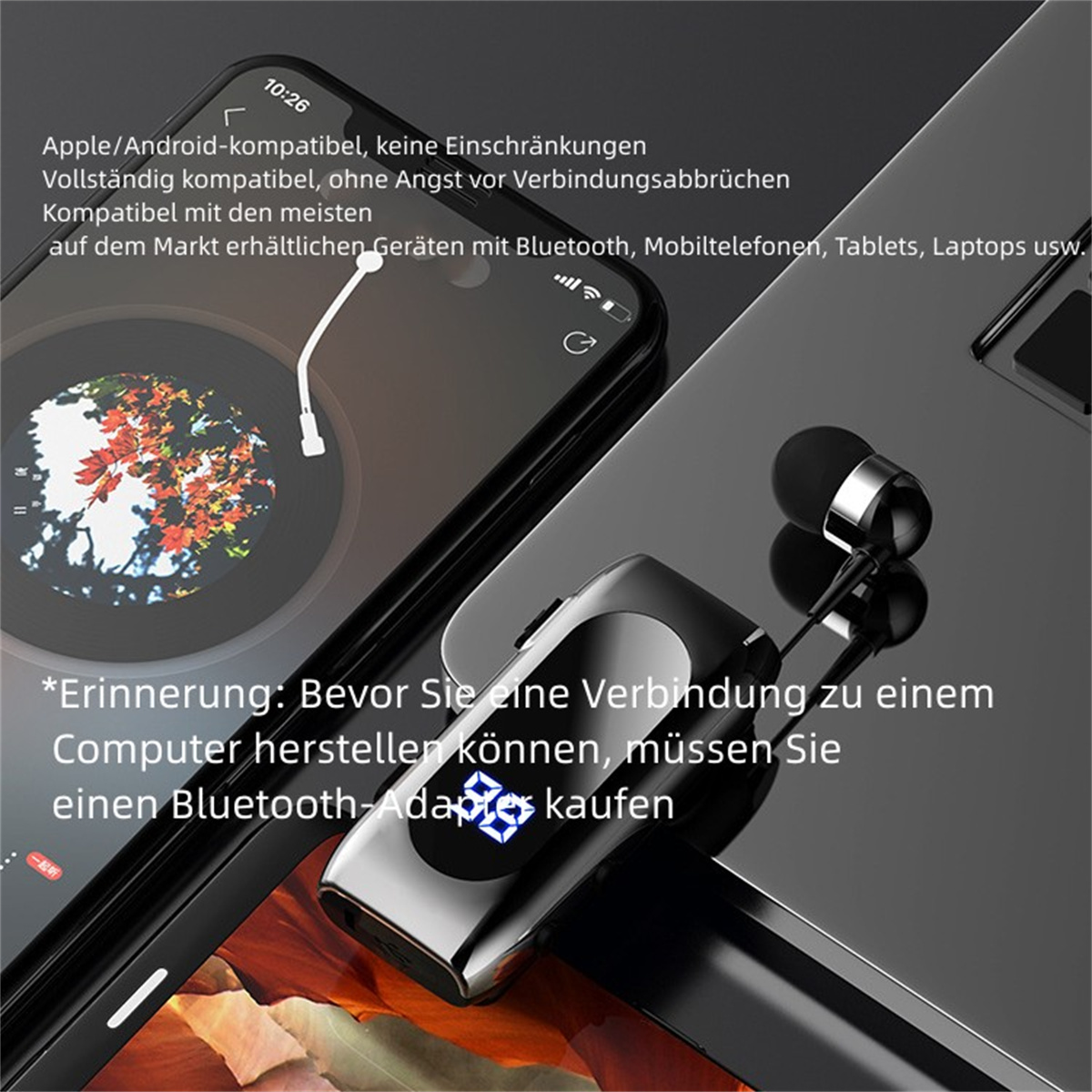 Schwarze Kopfhörer auf einem Laptop neben einem Smartphone. Text-Overlays auf Deutsch.