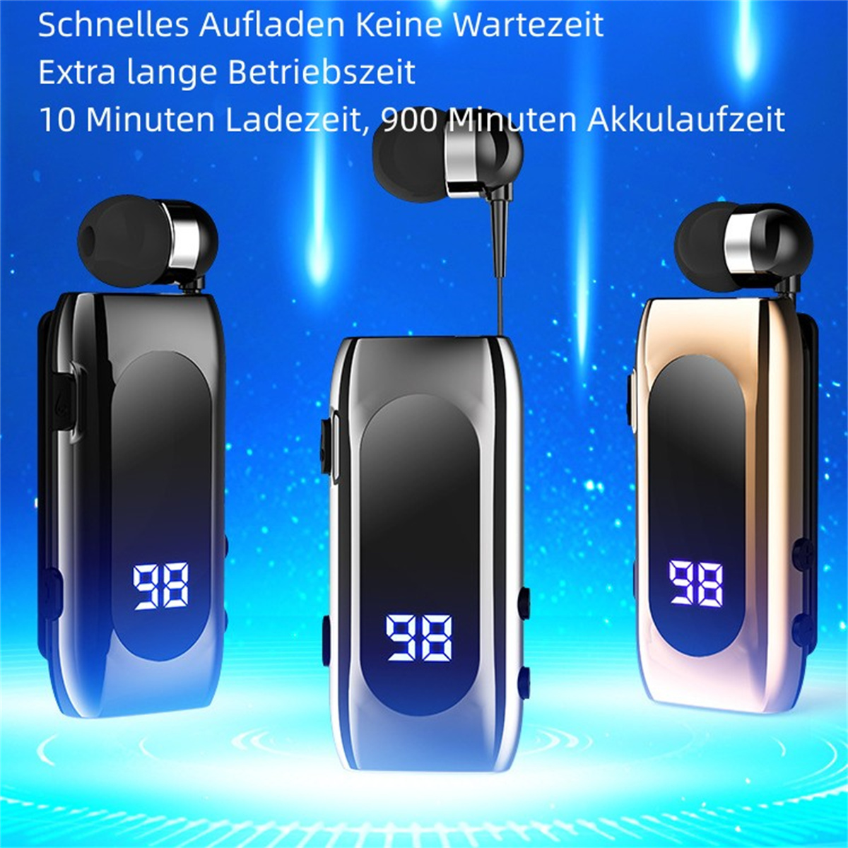 Drei kabellose Ohrhörer mit Ladeetuis. Text auf Deutsch über Aufladen und Akkulaufzeit.