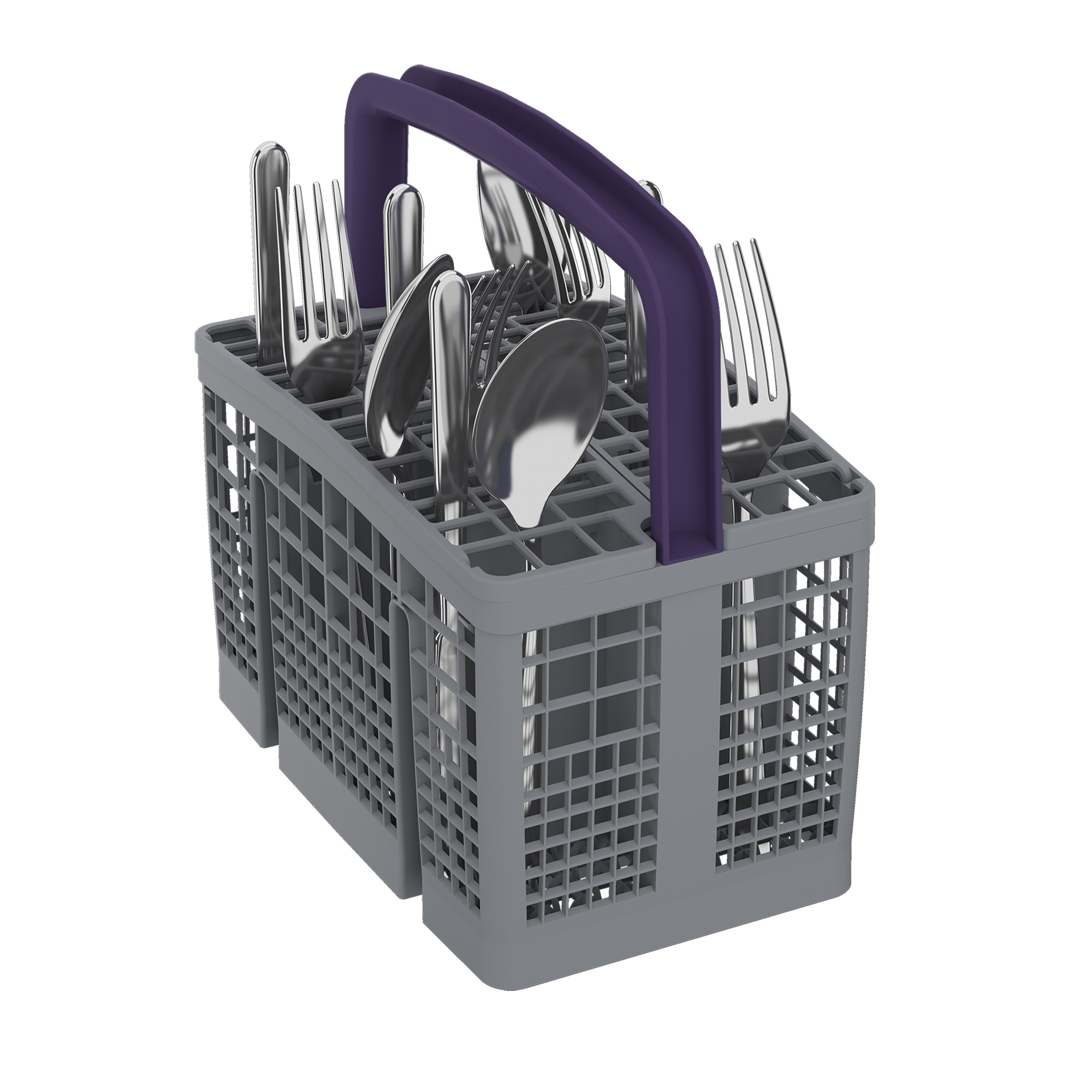 Kosz na sztućce do zmywarki ze sztućcami. Szary plastik z fioletowym uchwytem.