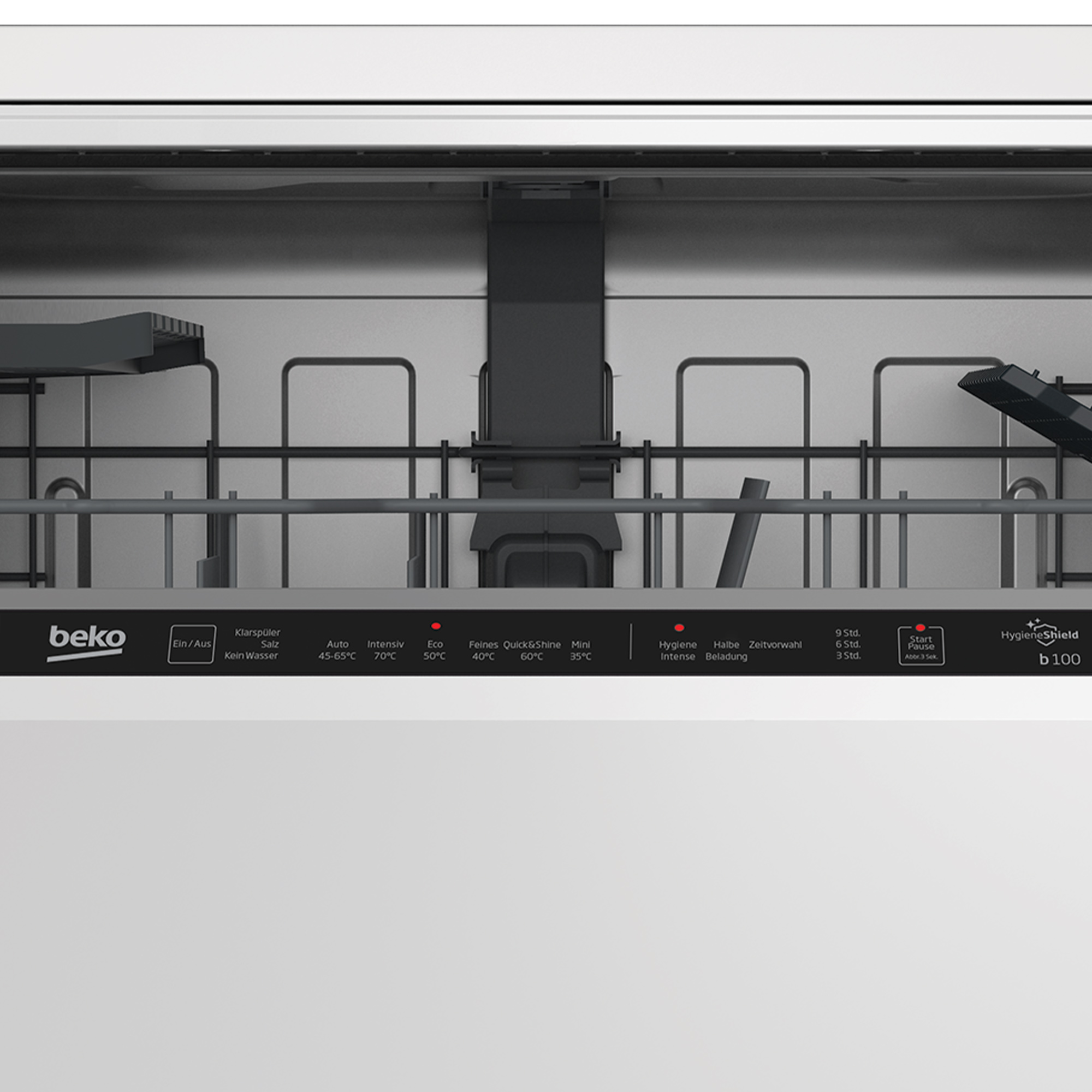 Zmywarka z elementami sterującymi i światłami. Jest biała.