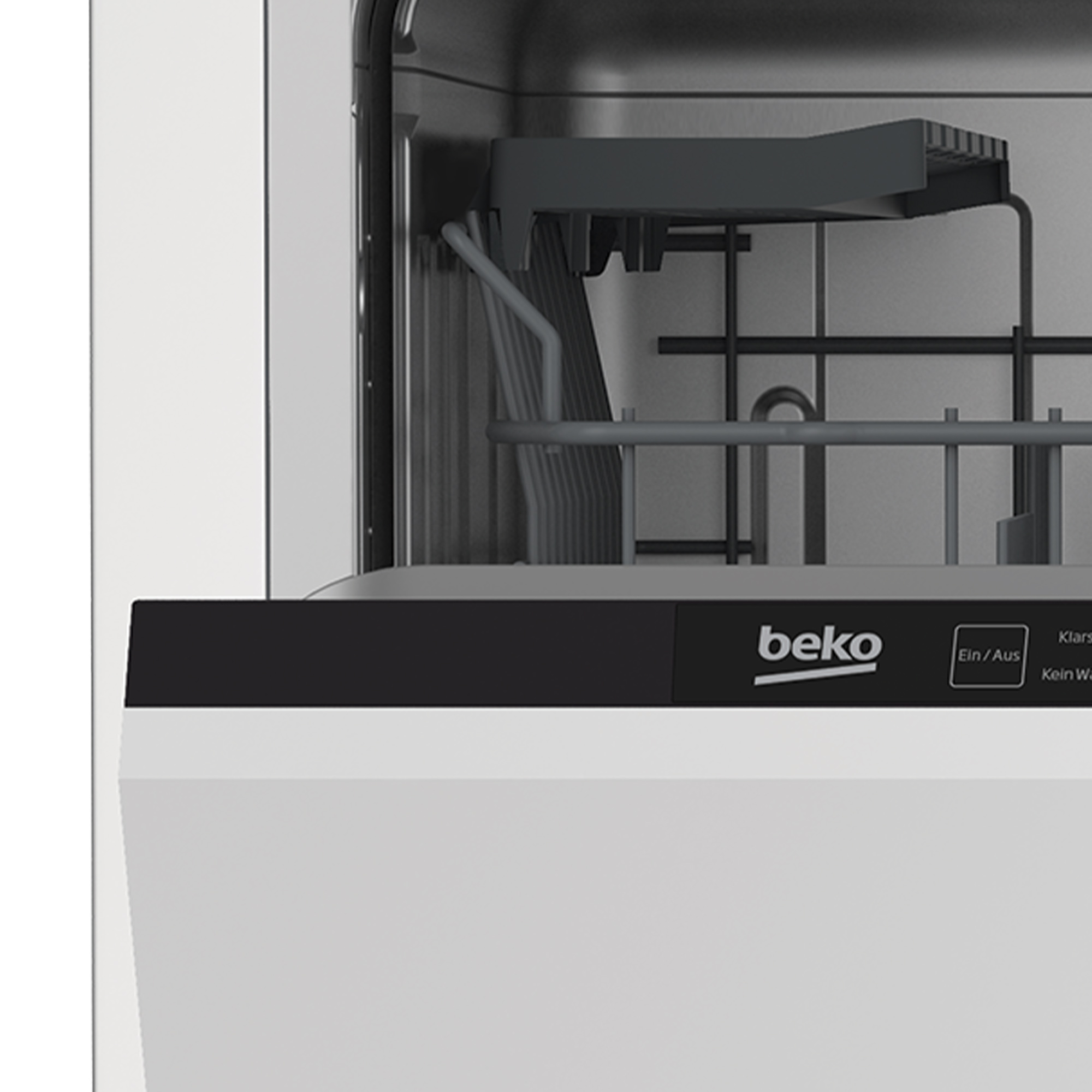 Zbliżenie panelu sterowania i wnętrza zmywarki. Marka to 'beko'. Drzwi są otwarte.