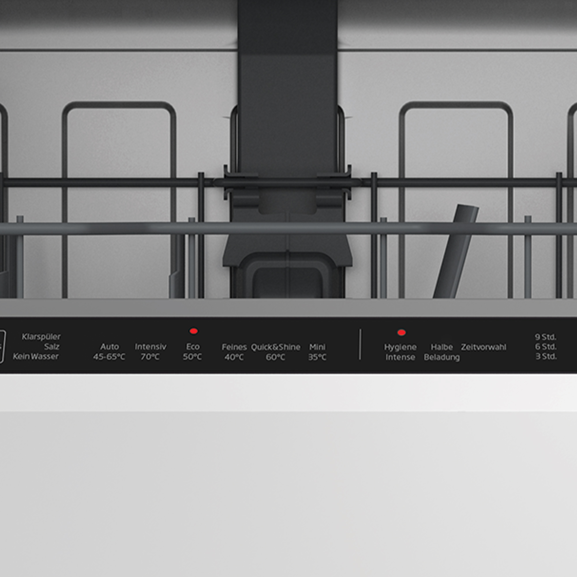 Panel sterowania zmywarki, podświetlane przyciski.