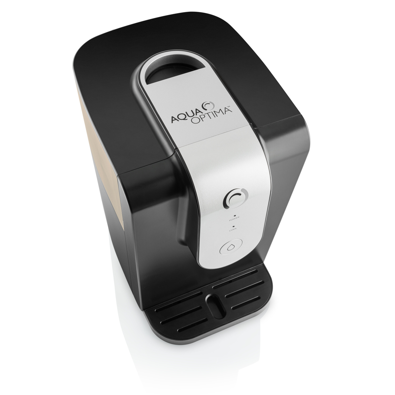 Czarny i biały filtr do wody. Srebrny uchwyt i akcenty. Czarna podstawa. Etykieta Aqua Optima.