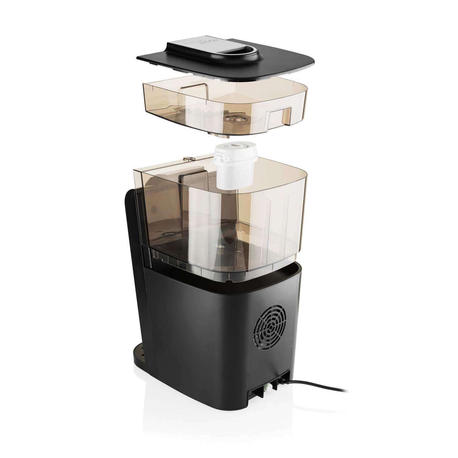 Un electrodoméstico de cocina negro desmontado. Las piezas incluyen la parte superior, el contenedor y la base. Fondo blanco.