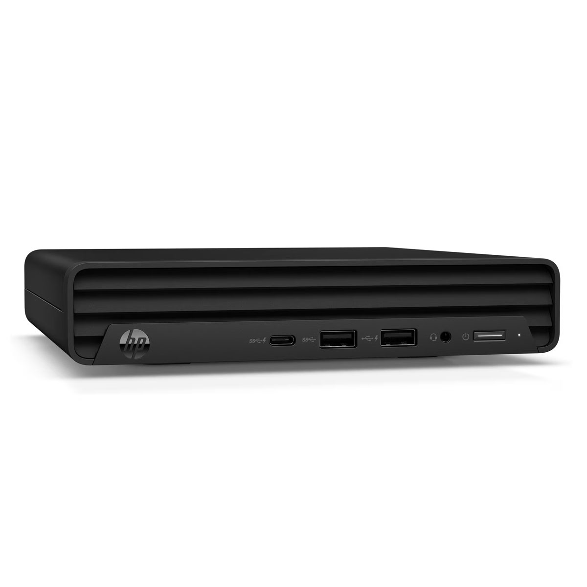 Mini PC HP negro. Puertos frontales y logo HP. Dispositivo compacto y rectangular.