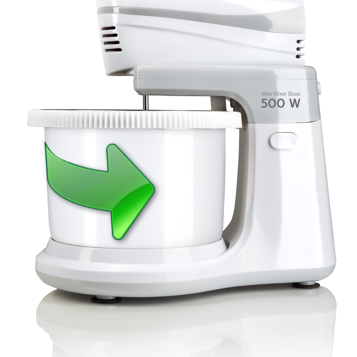 Una batidora de cocina blanca con una flecha verde que indica cómo quitar el recipiente.