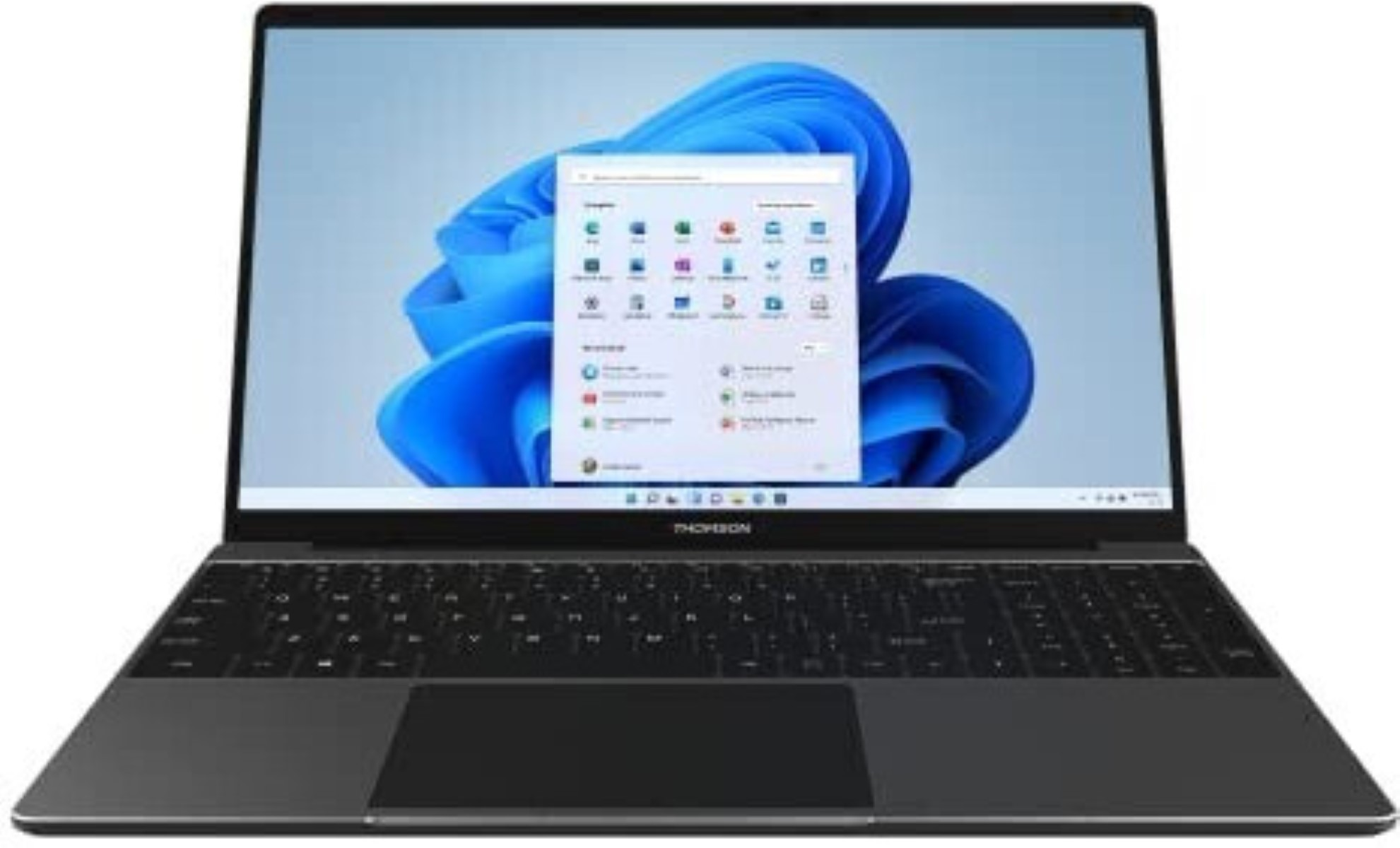Laptop mit Windows 11 auf dem Bildschirm. Der Bildschirm zeigt das Startmenü.