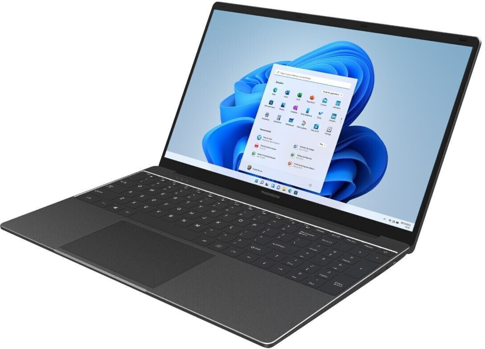 Laptop mit geöffneter Windows 11-Oberfläche, auf weißem Hintergrund.