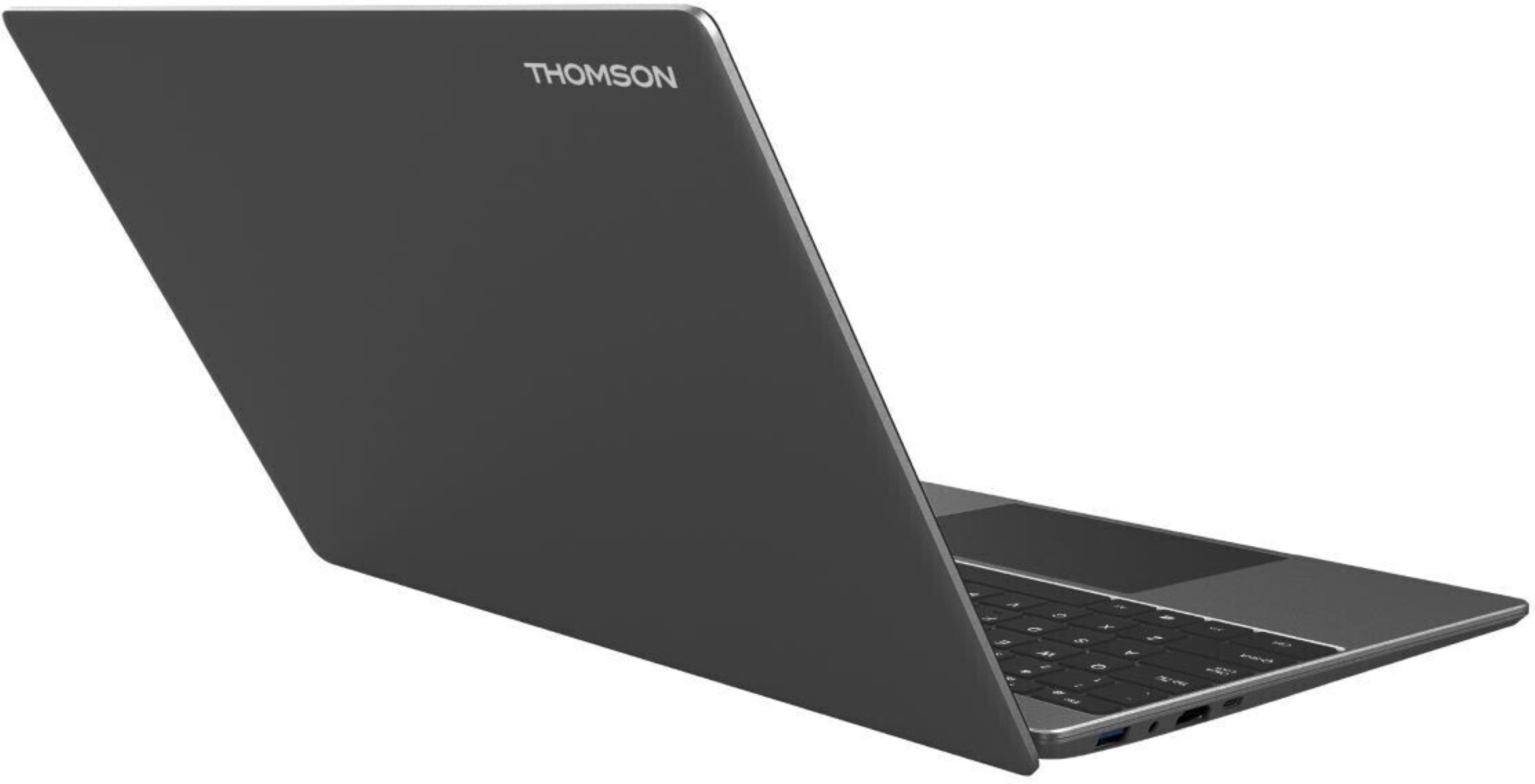 Ein silberner Laptop mit dem Wort 'THOMSON' oben, von hinten betrachtet.