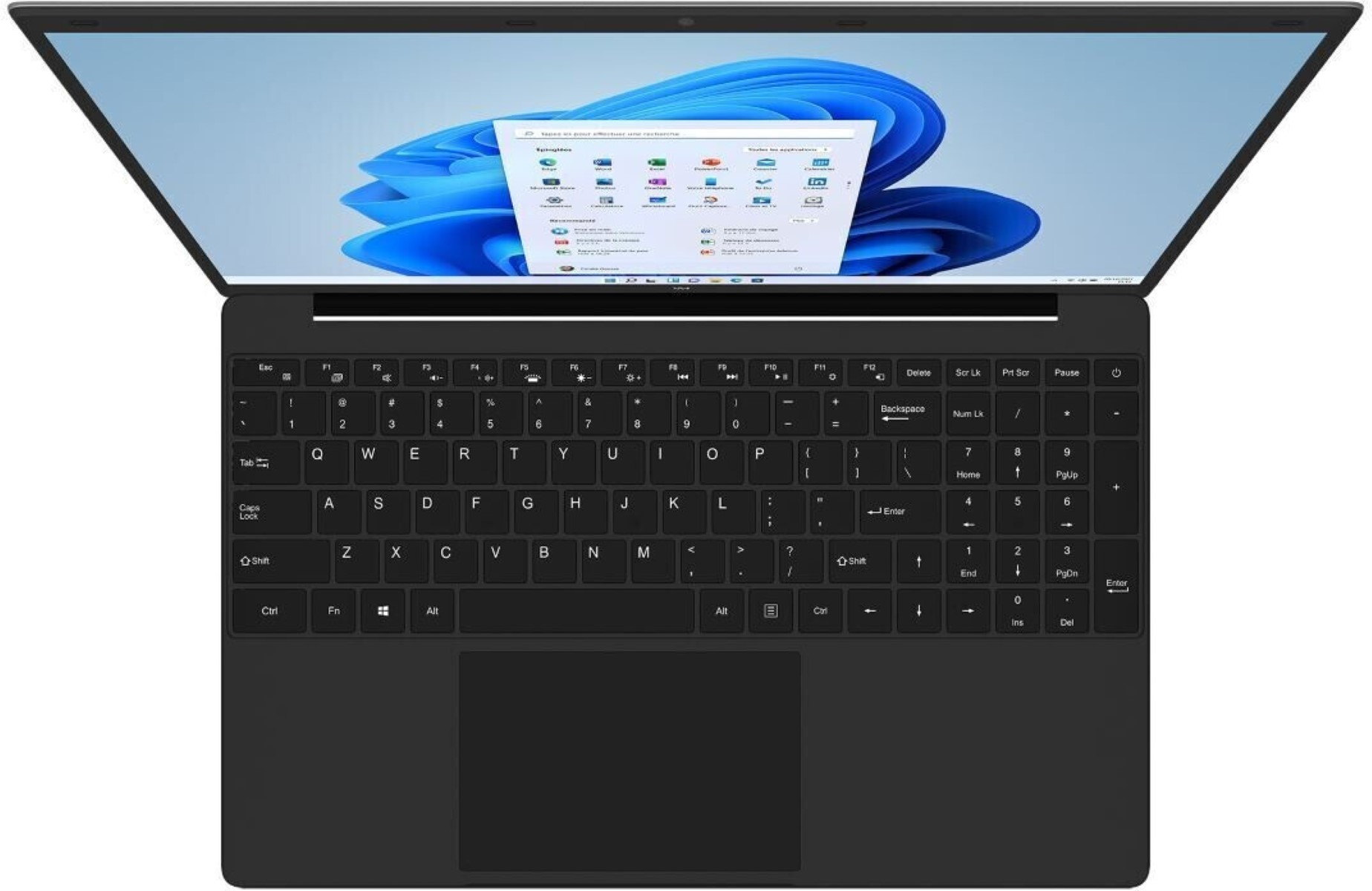 Laptop offen, schwarzes Gehäuse, Tastatur sichtbar, Windows 11-Oberfläche auf dem Bildschirm.