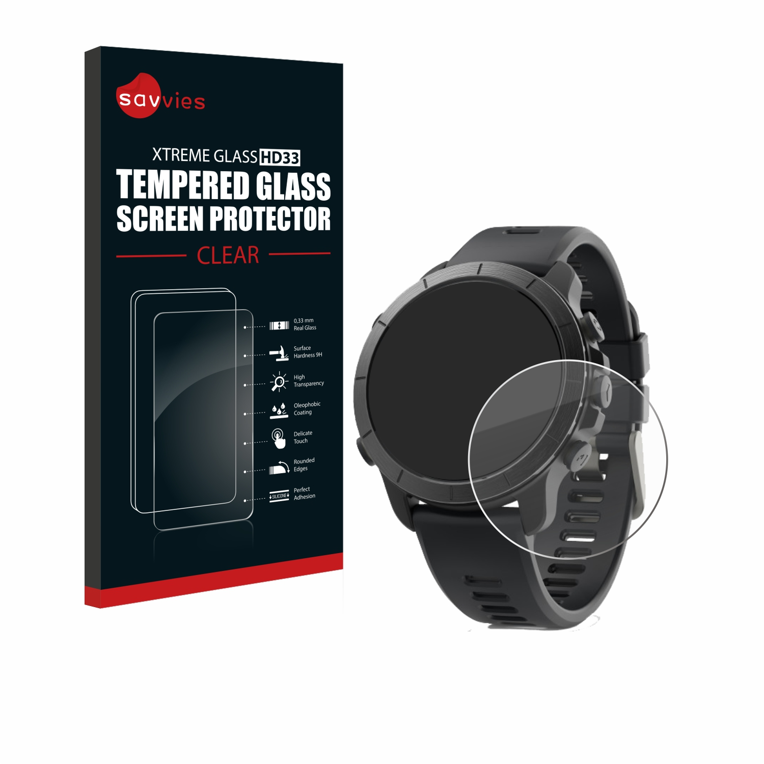 Eine Smartwatch mit einer Displayschutzfolienbox daneben, auf weißem Hintergrund.