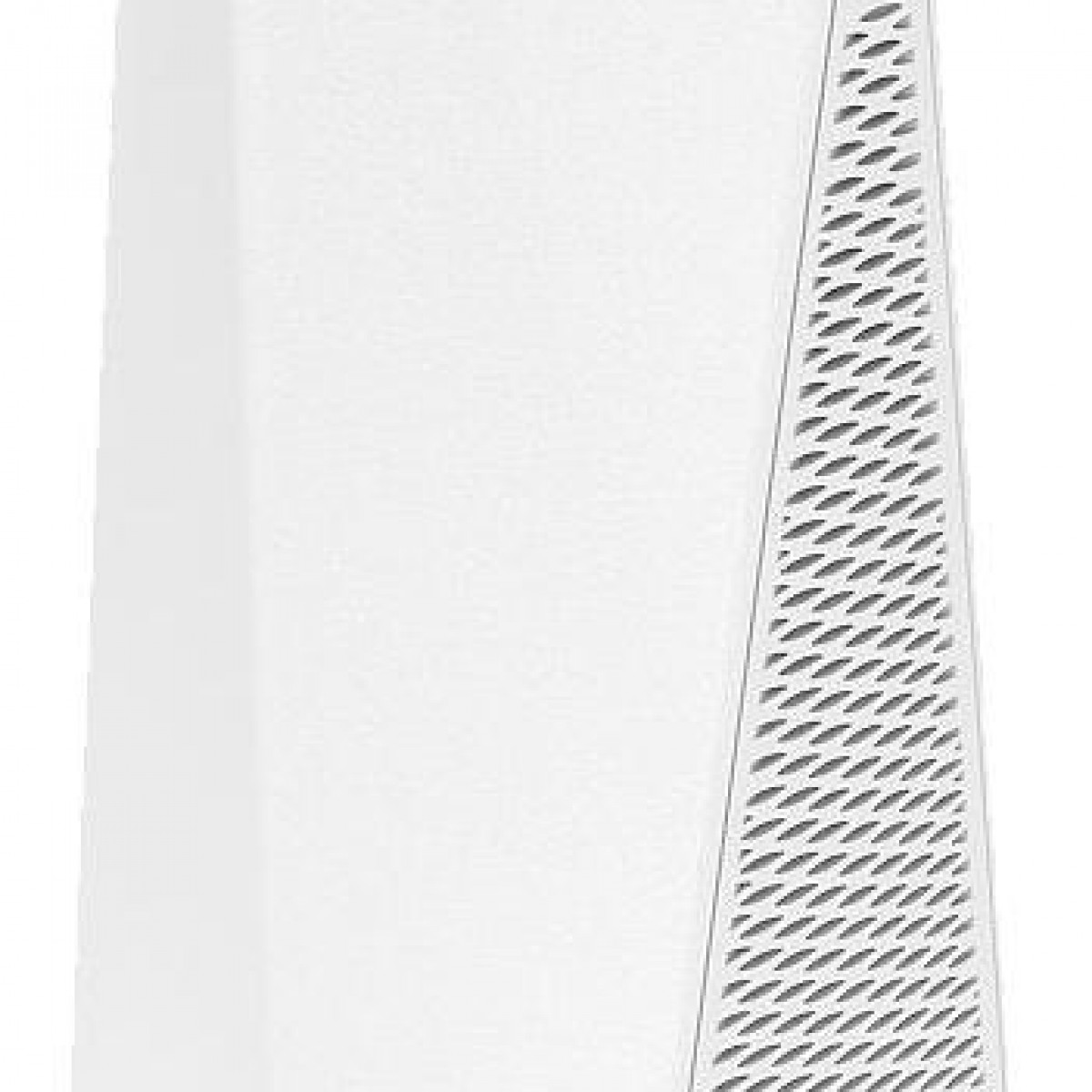 Un case per computer bianco con un pannello laterale strutturato e griglie di ventilazione.